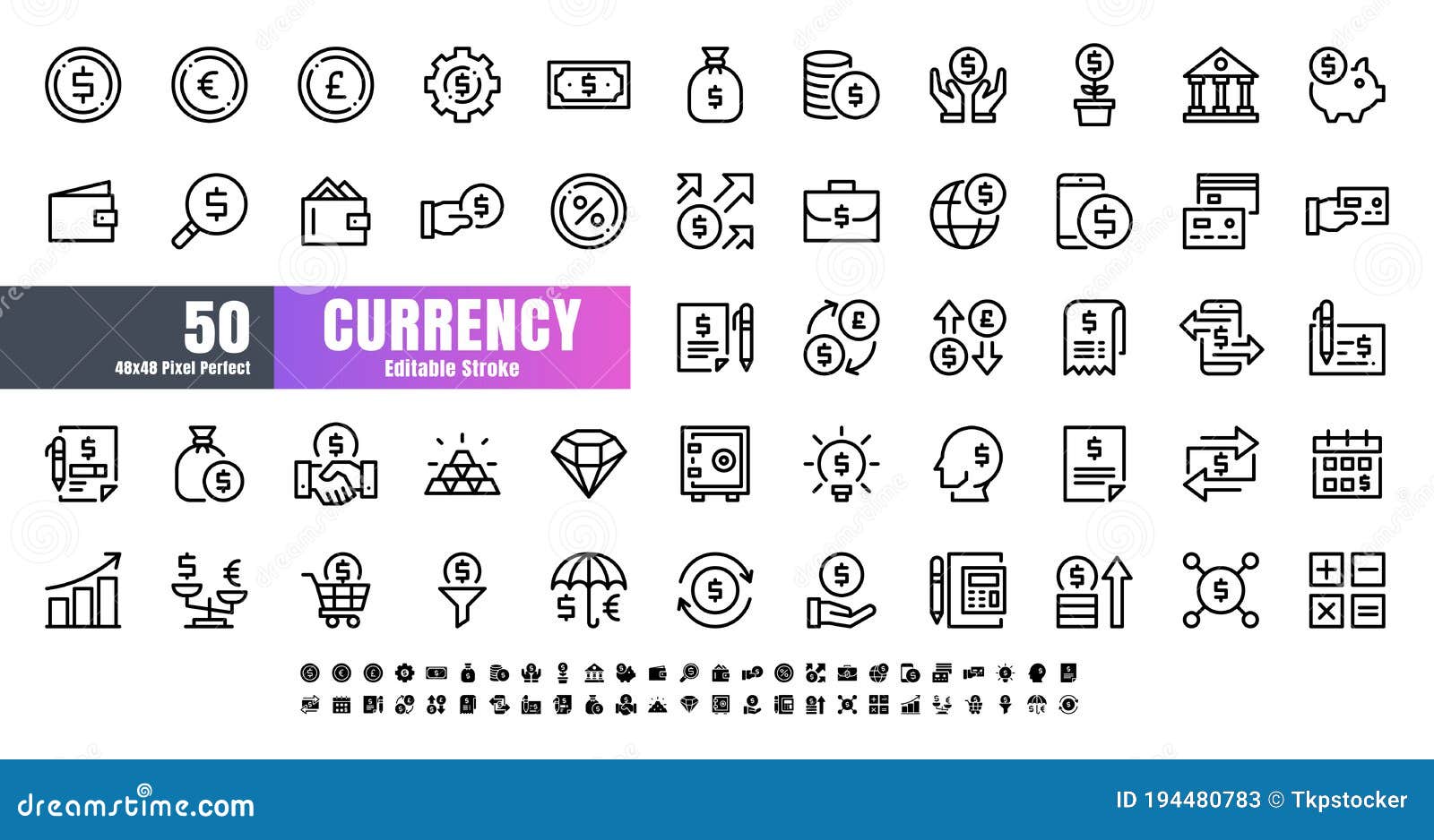  of 50 currency financial line outline icon set. 48x48 pixel perfect editable stroke