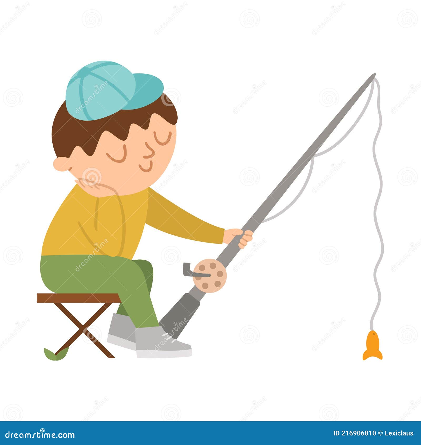 Vector Cute Boy Sitting on a Folding Chair and Fishing. Campfire