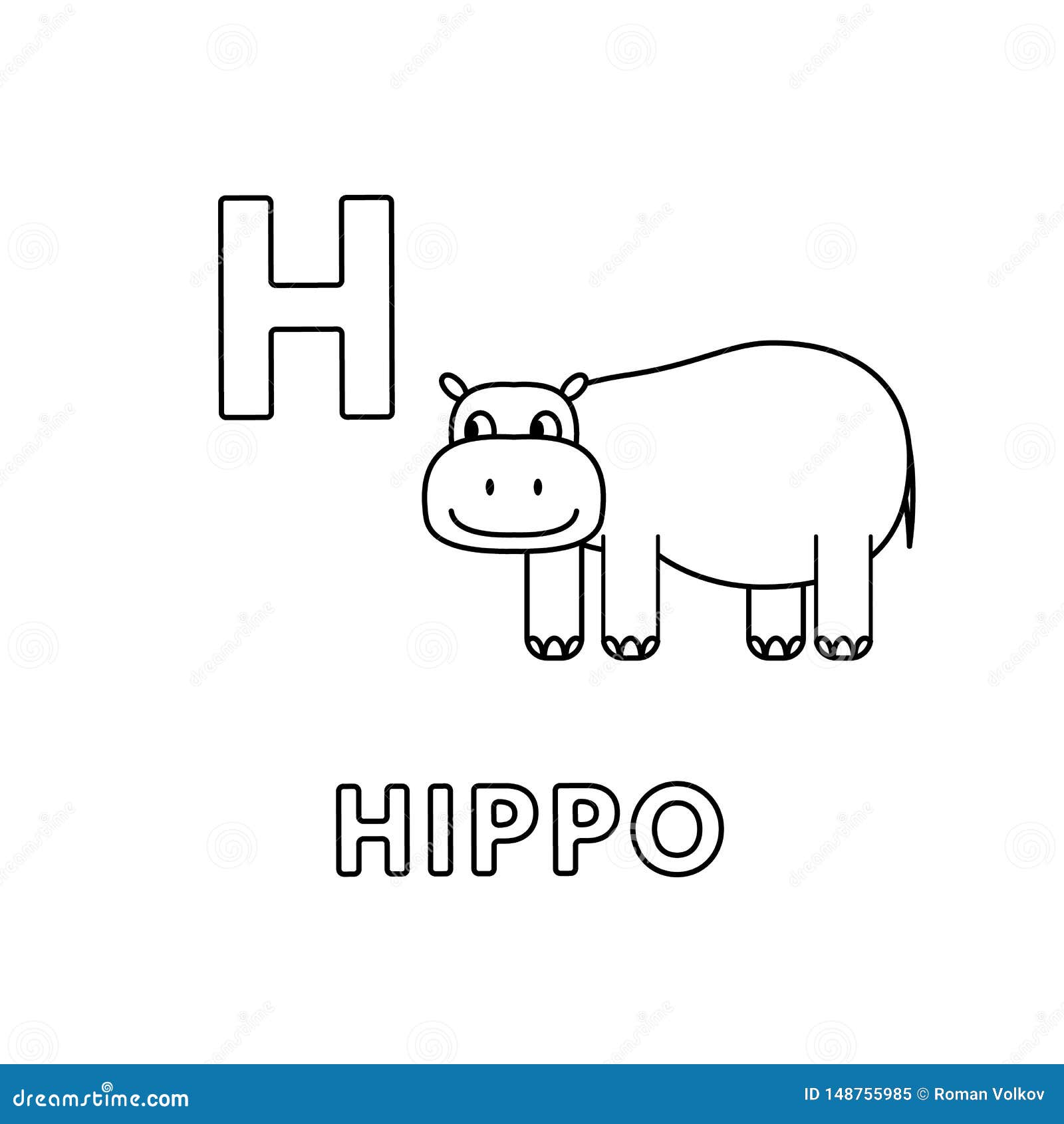 Vector Cute Cartoon Animals Alphabet Hippo Coloring Pages Stock