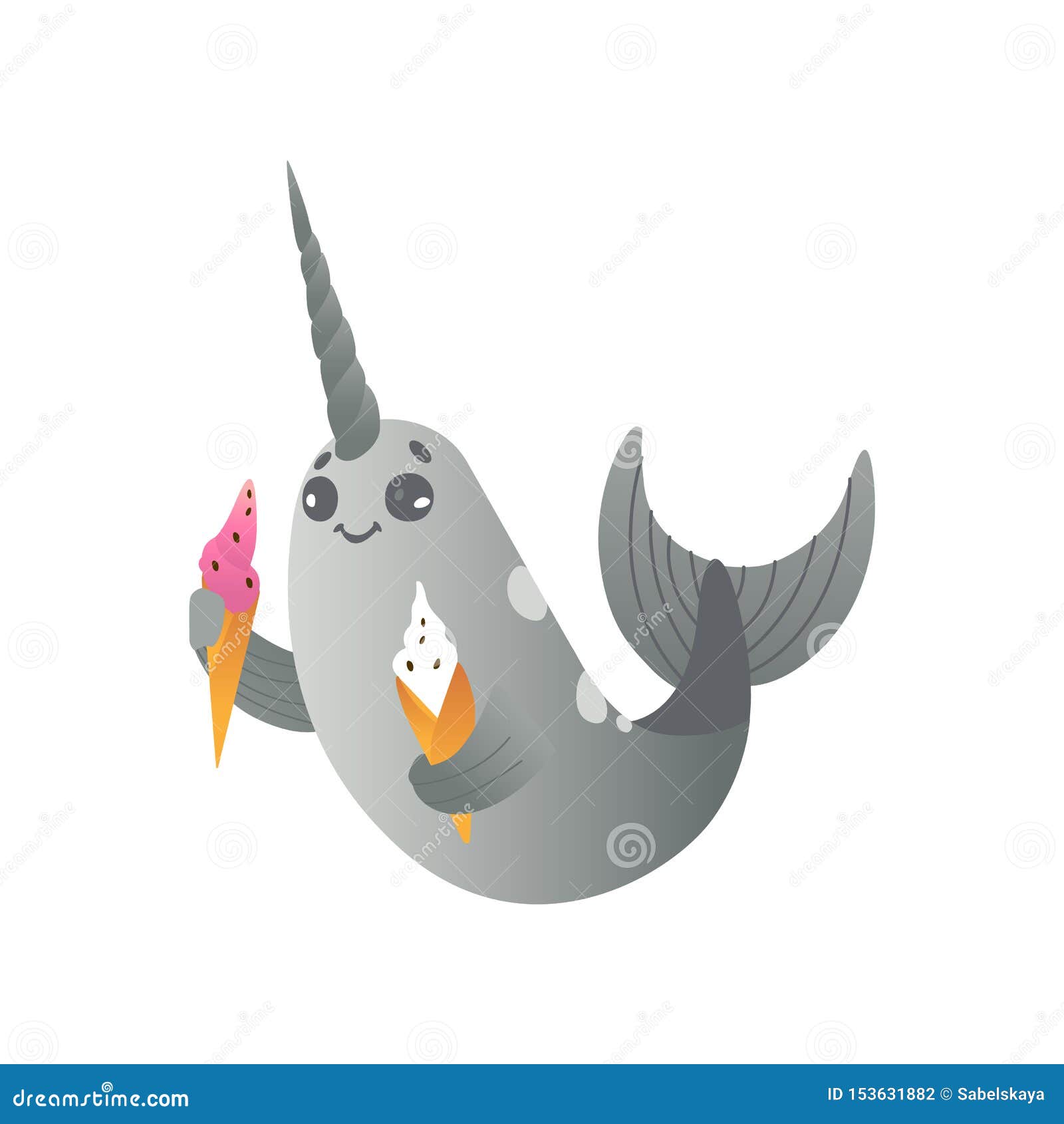 Vector Cute Cartoon Gray Narwhal with Two Ice Creams on White Background.  Stock Vector - Illustration of creature, cute: 153631882