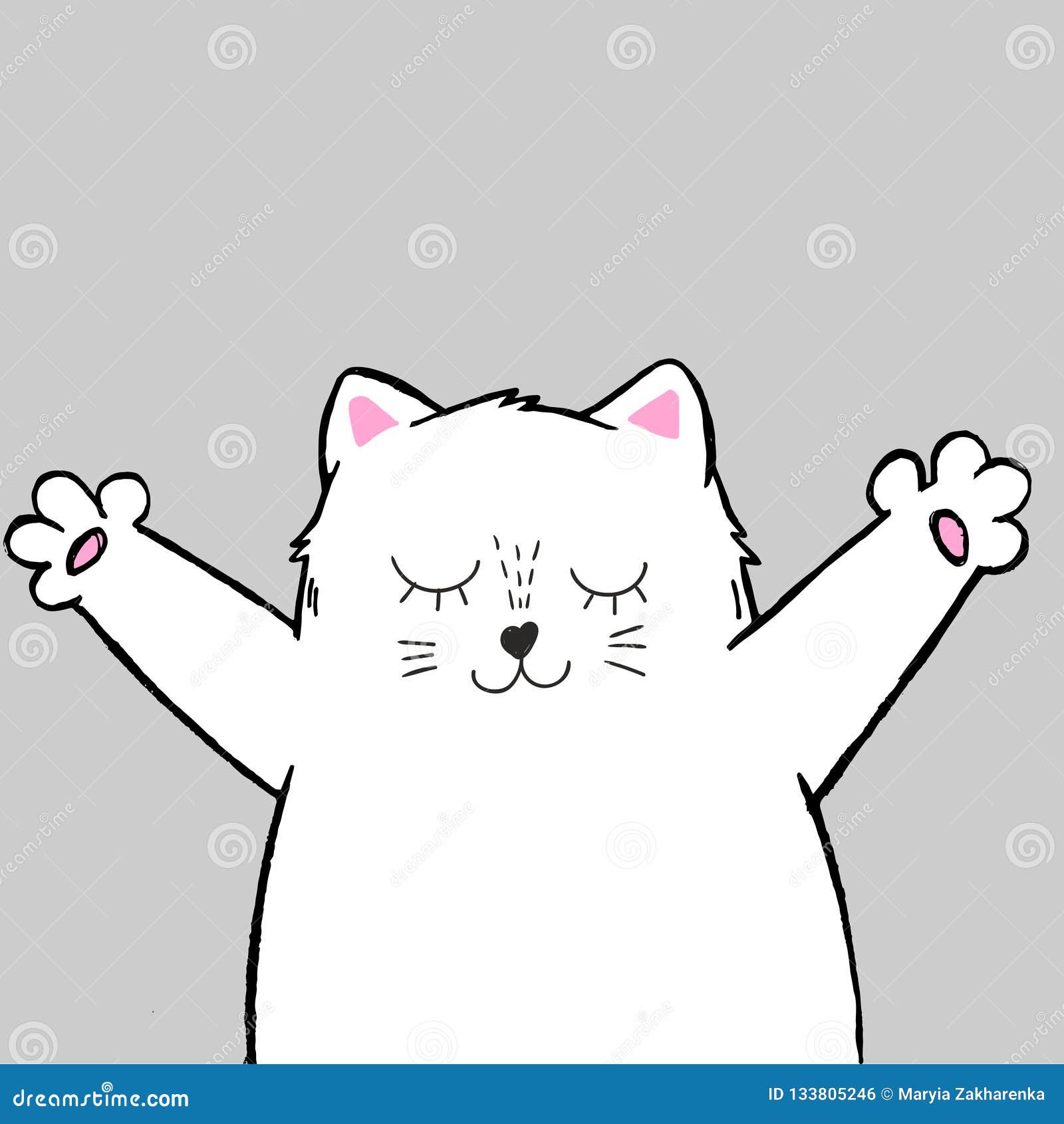 Vector Cute Cartoon Hand Drawn White Cat with Open Arms, Can Be Used As
