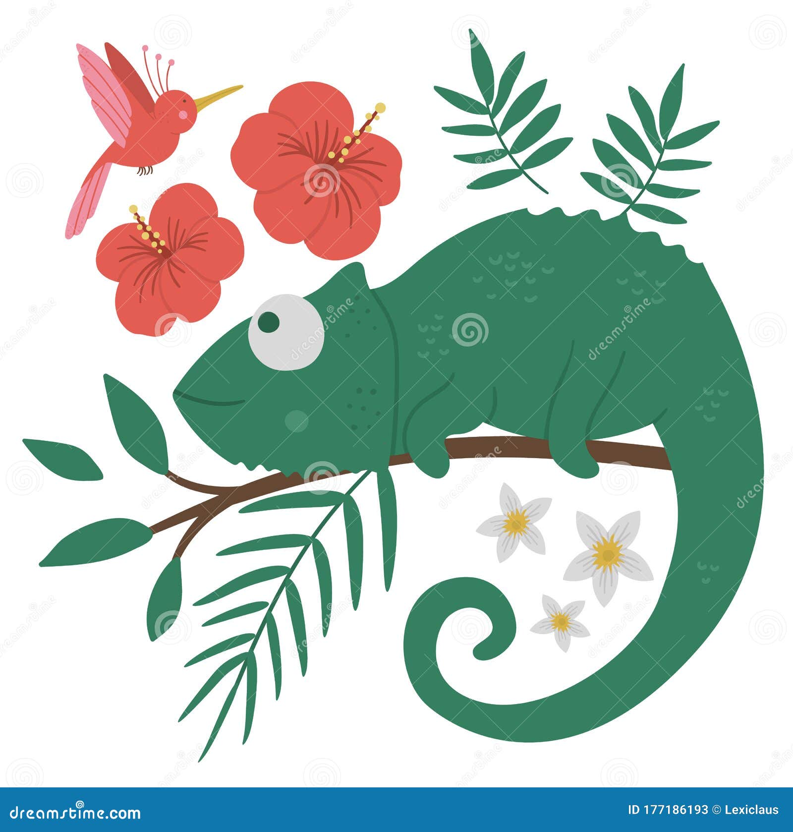 Vector Cute Chameleon on a Tree Brunch with Leaves and Flowers and Paradise  Bird. Funny Tropical Exotic Animal Illustration Stock Vector - Illustration  of green, funny: 177186193