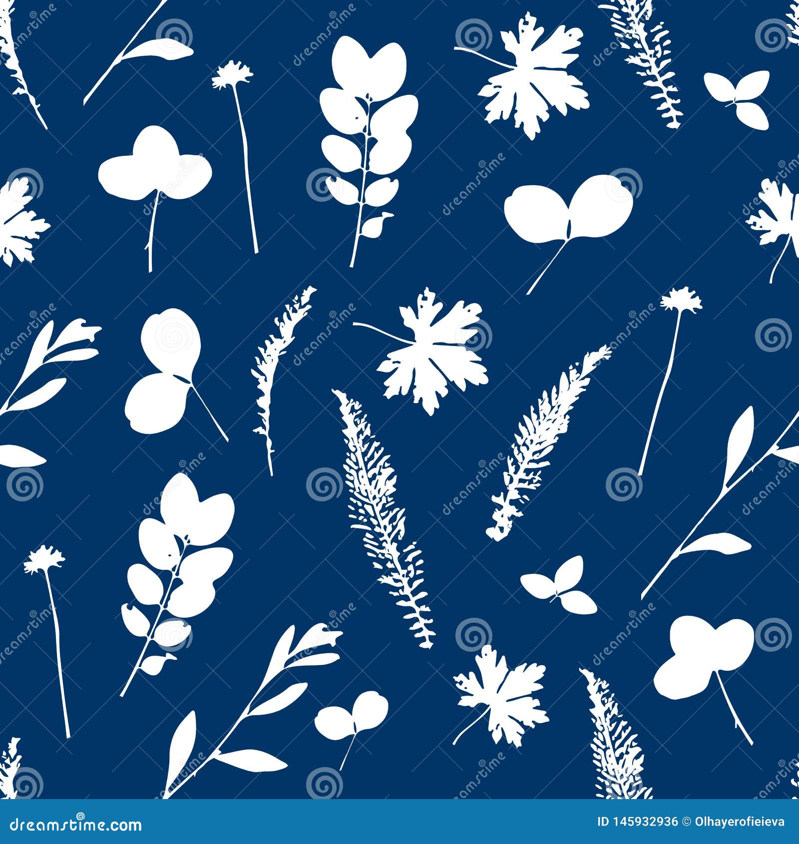 Vector Cute Cyanotype Seamless Flower Pattern Floral ...