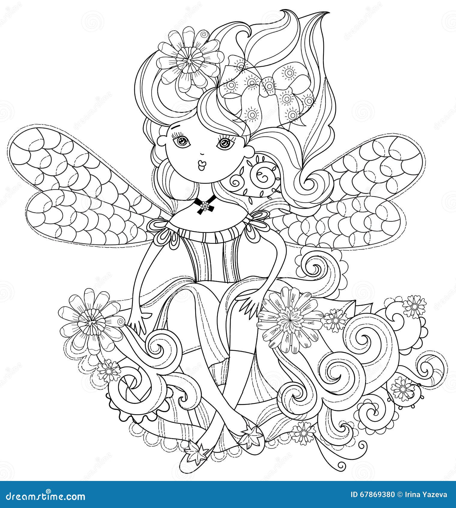 Vector cute fairy girl in flowers doodle. Vector cute fairy girl in flowers.Vector line illustration.Sketch for postcard or print or coloring adult book.Boho zentangle style.