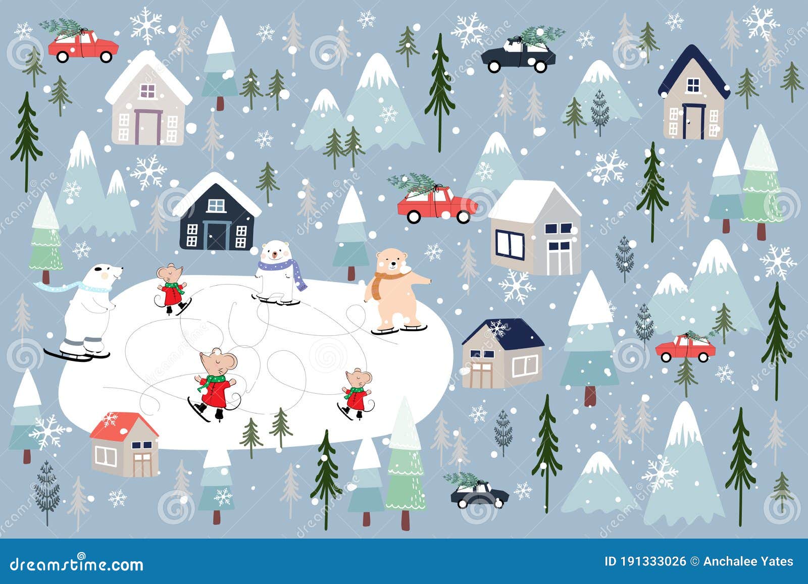 Vector Cute Greeting Card Christmas Background, Winter Landscape of  Wonderland with Polar Bear and Rats Playing Ice Skates for Stock Vector -  Illustration of happy, element: 191333026