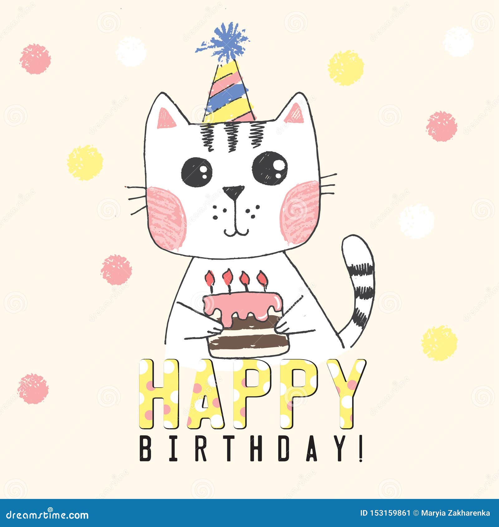 Sketch Cat with Cake with Candles, Striped Hat, Background with Colored ...