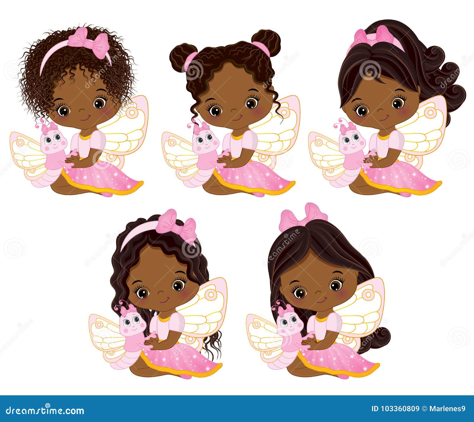 Vector Cute Little African American Fairies With Butterflies