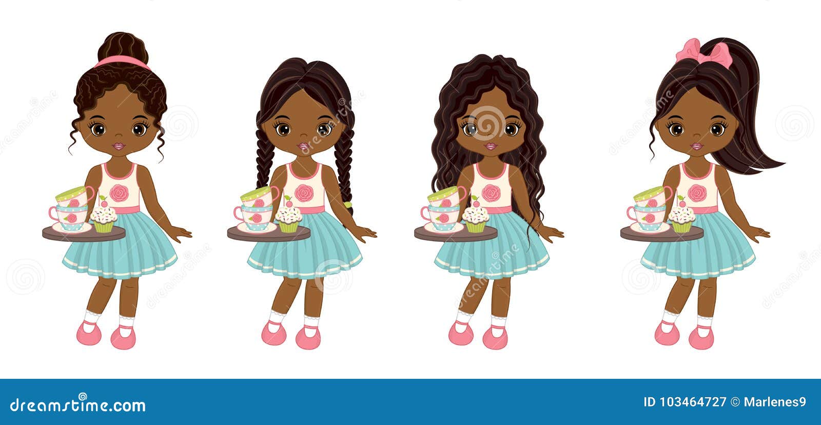  cute little african american girls with trays, tea cups and cupcakes