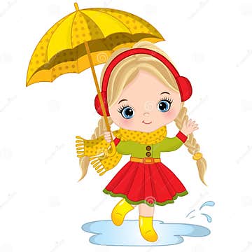 Vector Cute Little Girl with Umbrella Stock Vector - Illustration of ...