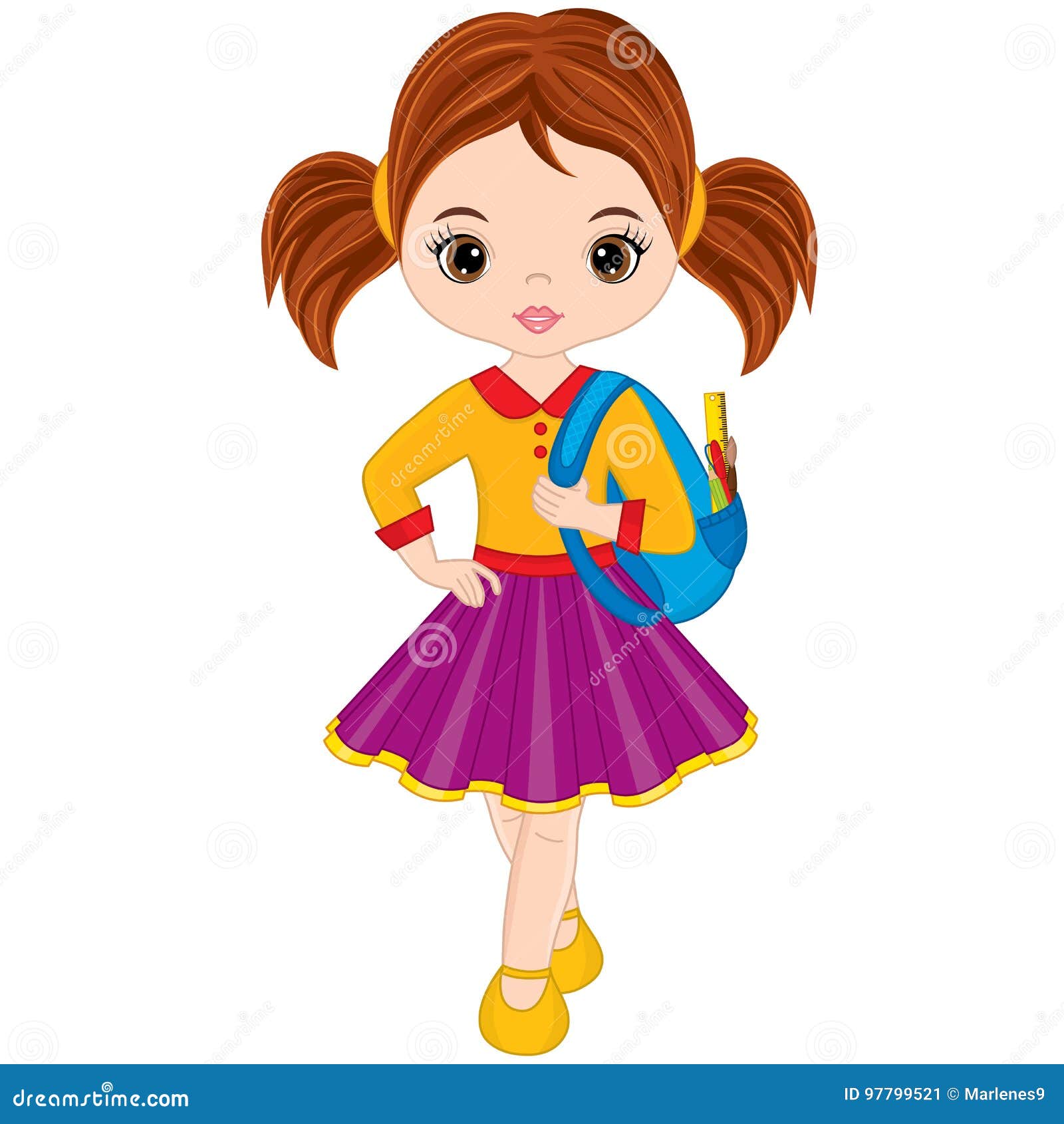 Vector Cute Little Girl with School Bag Stock Vector Illustration of
