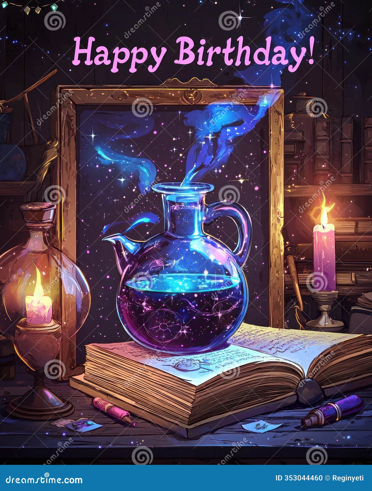 3d birthday card with magic potion in book frame
