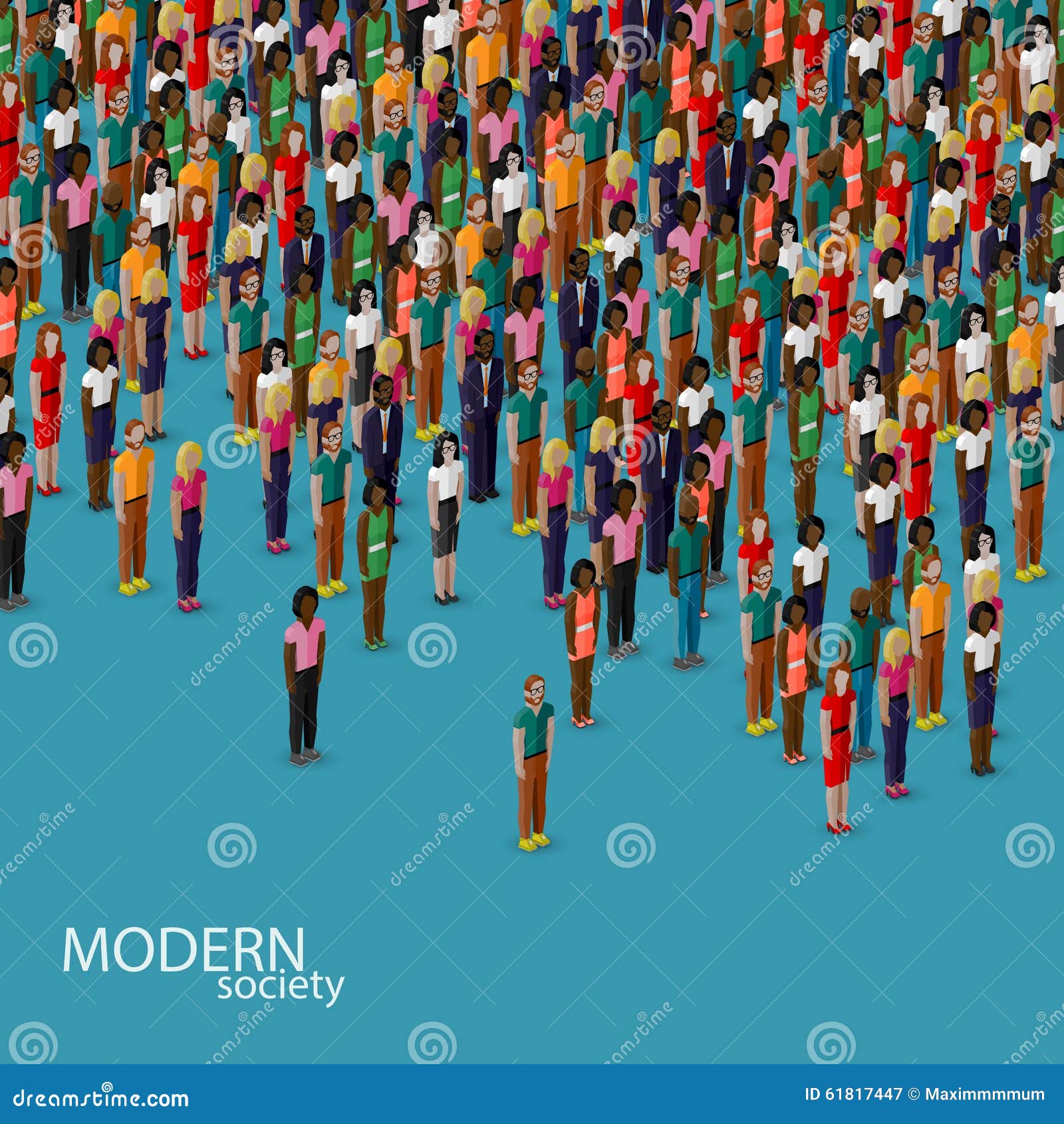  3d isometric  of society with a crowd of men and women. population. urban lifestyle concept