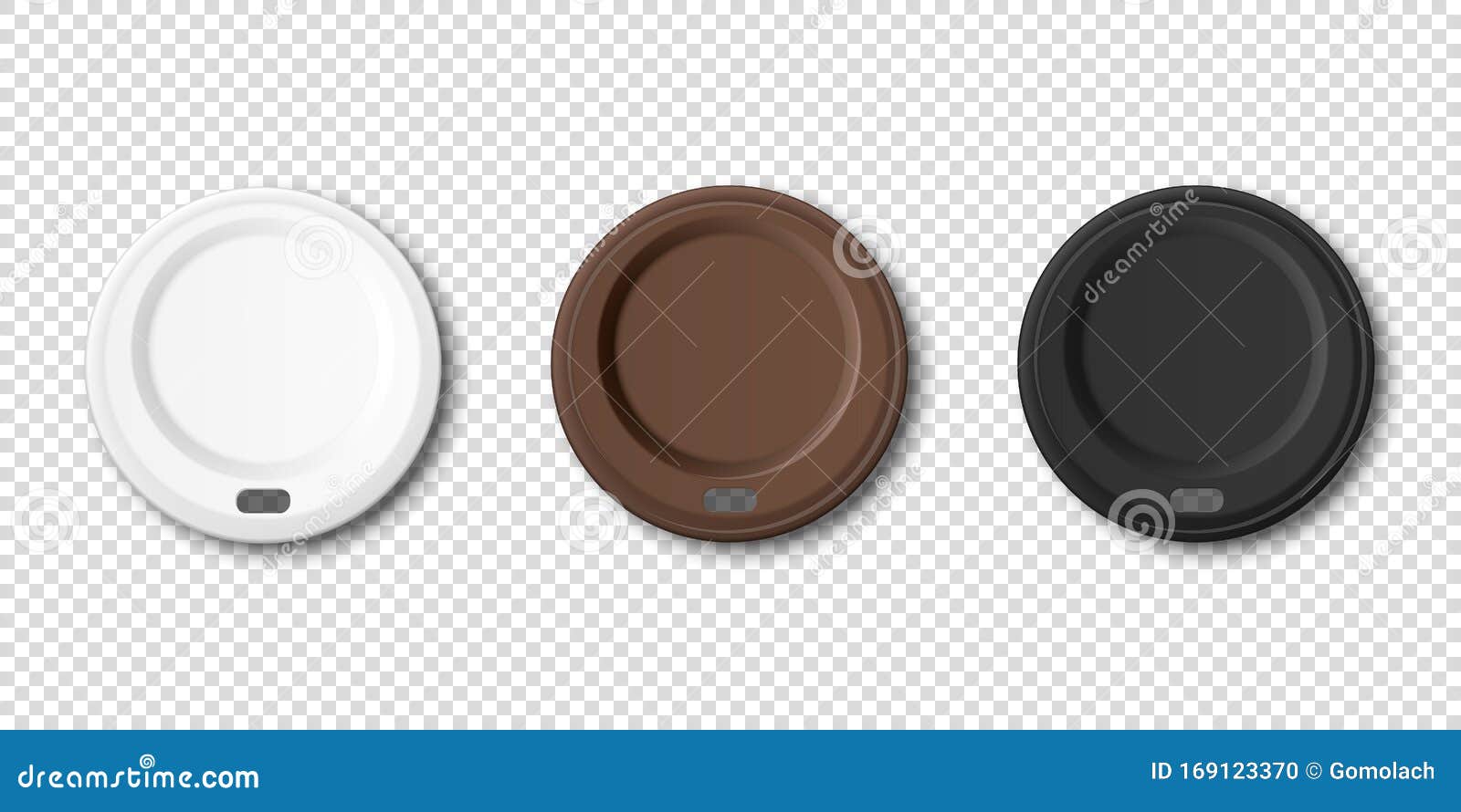  3d realistic disposable white, brown, black plastic coffee, tea cup lid for drinks icon set closeup  on