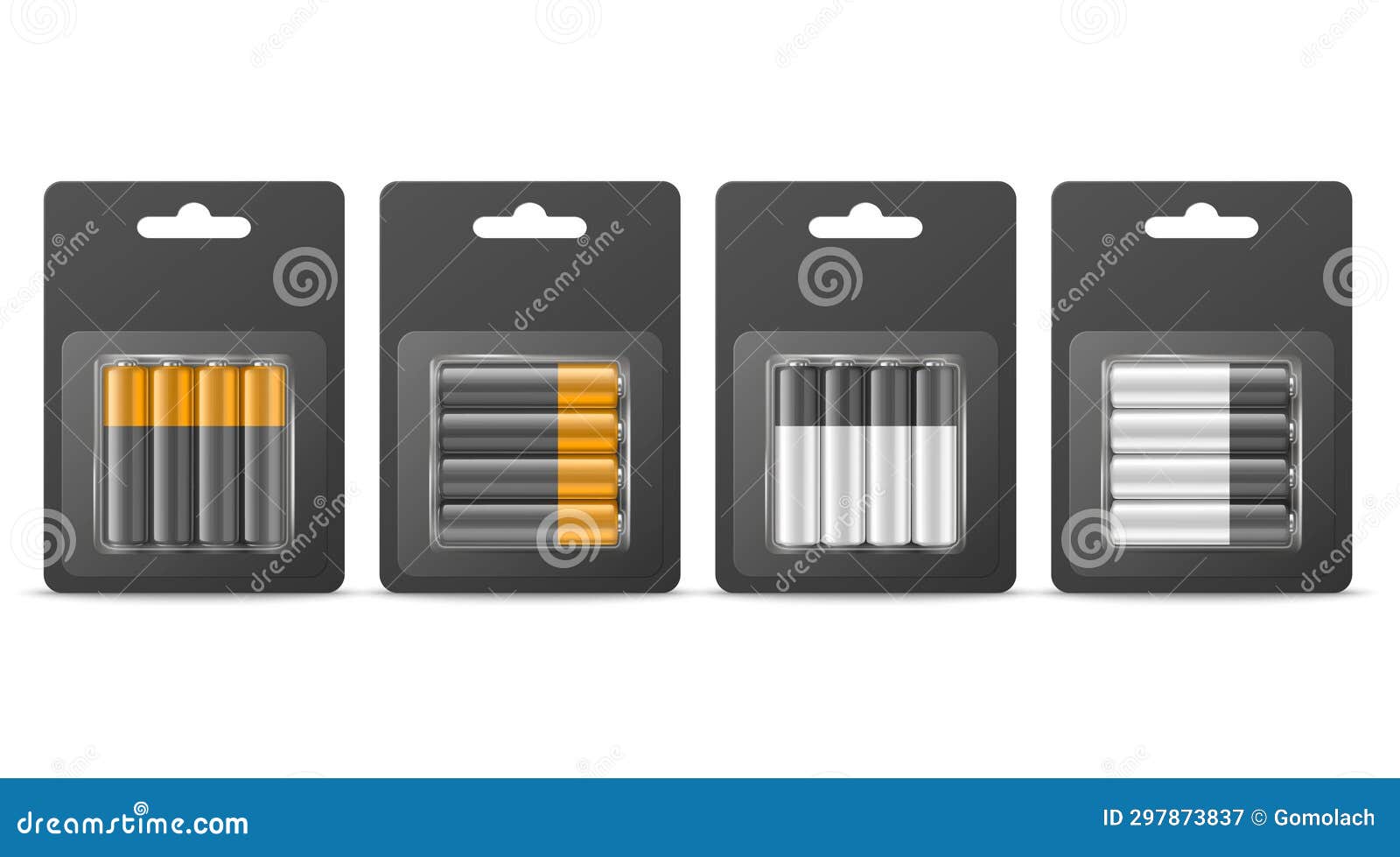  3d realistic four alkaline battery in the black paper blister icon set closeup . aa size, horizontal and