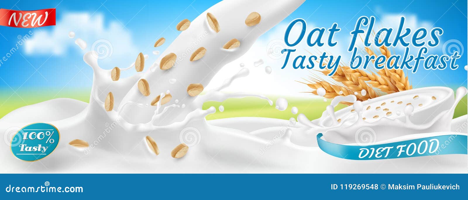  3d realistic oat flakes, package 