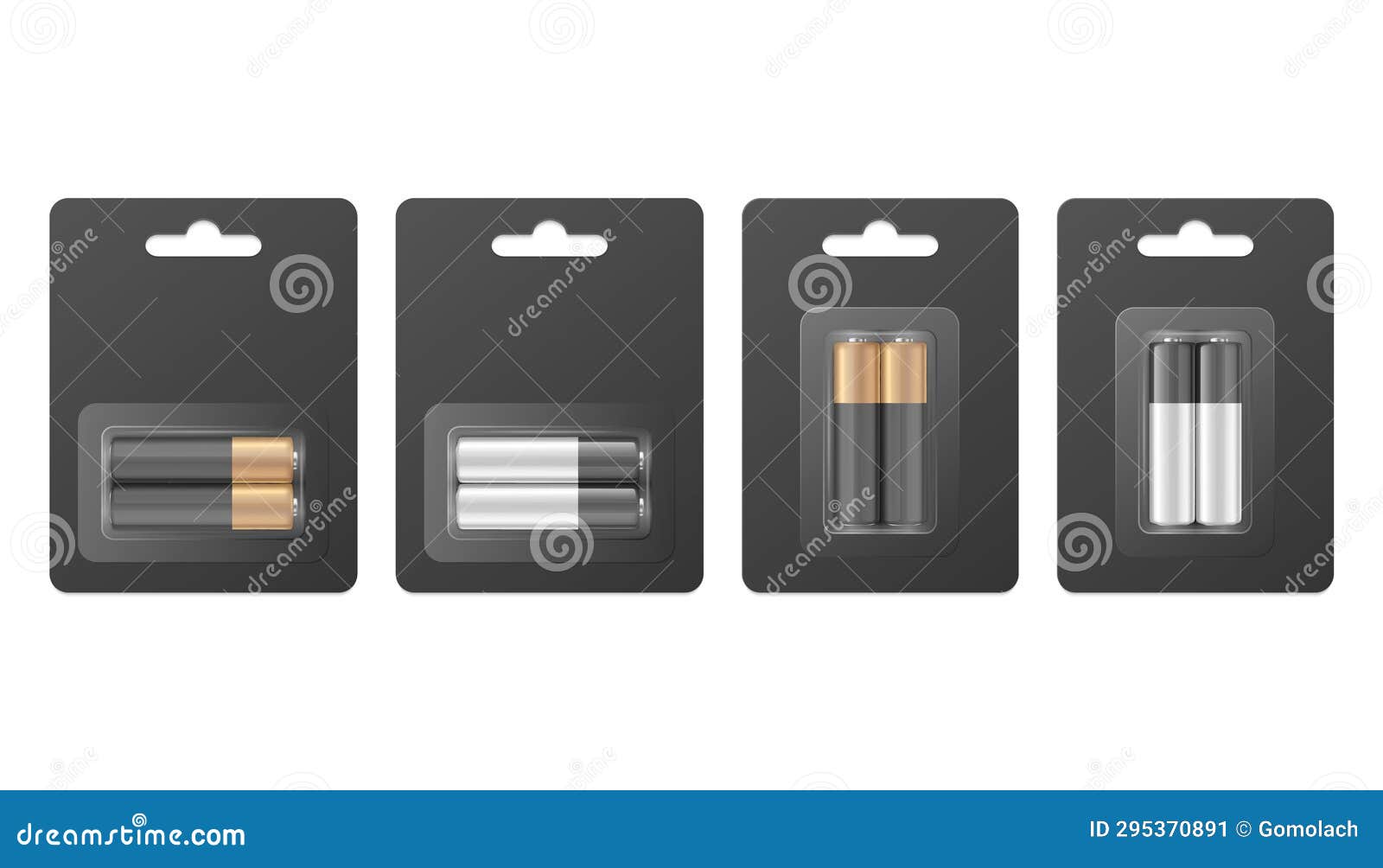  3d realistic two alkaline battery in the black paper blister icon set closeup . aa size, horizontal and
