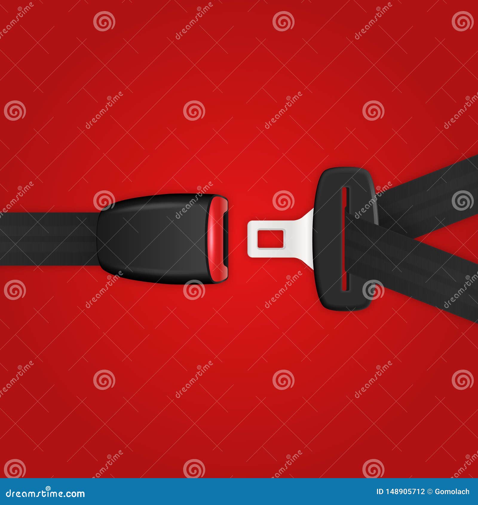  3d realistic unblocked passenger seat belt clopeup  on red backgroud.  template. top view