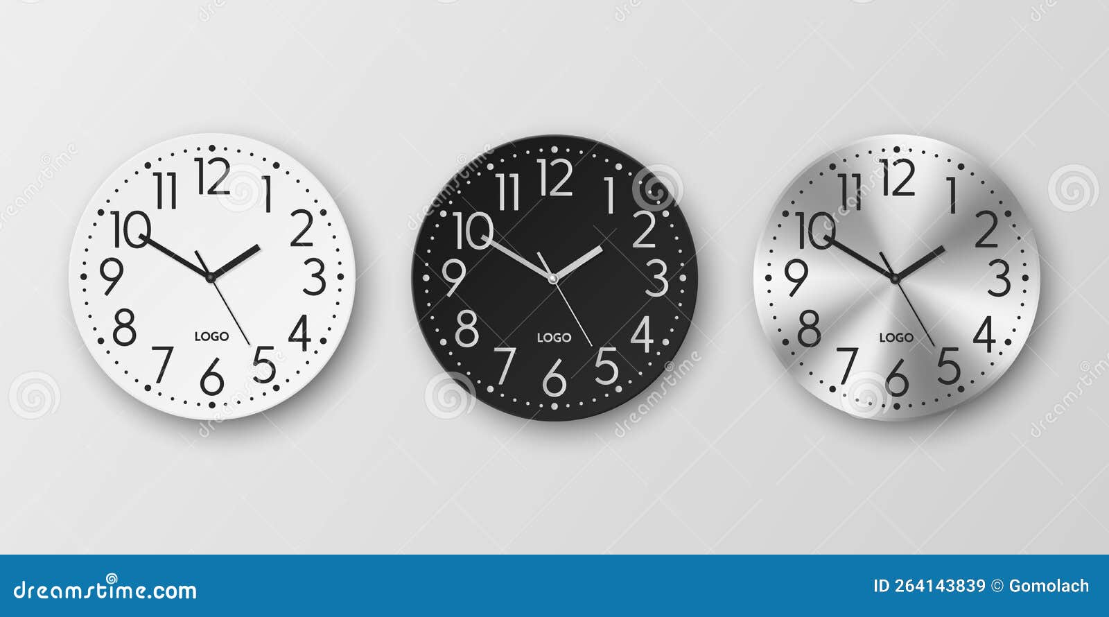  3d realistic white, black, silver round wall office clock icon set,  template . dial, mock-up of