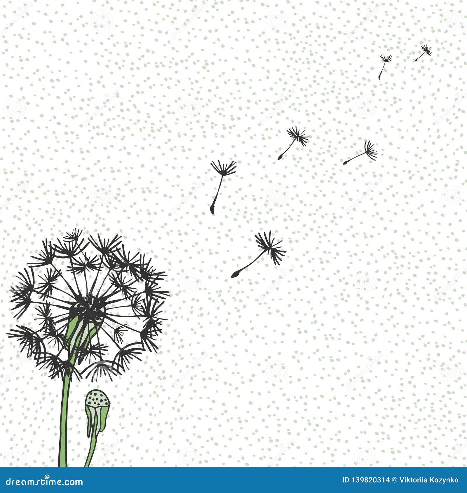  dandelion, hand drawing. flying blow dandelion buds black outdoor decoration on a background speckled