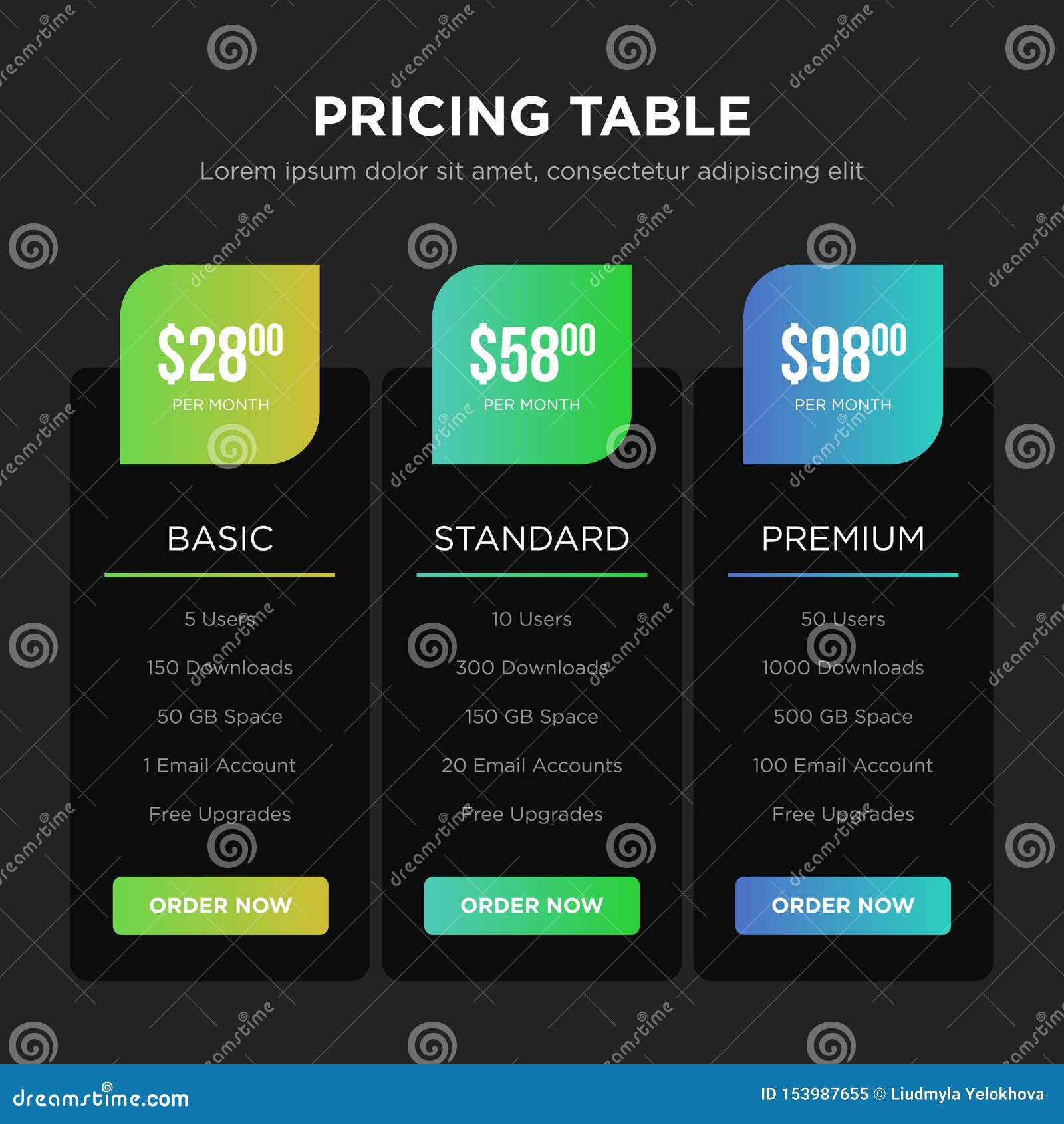 Vector Dark Pricing Table Design Presentation Stock Illustration