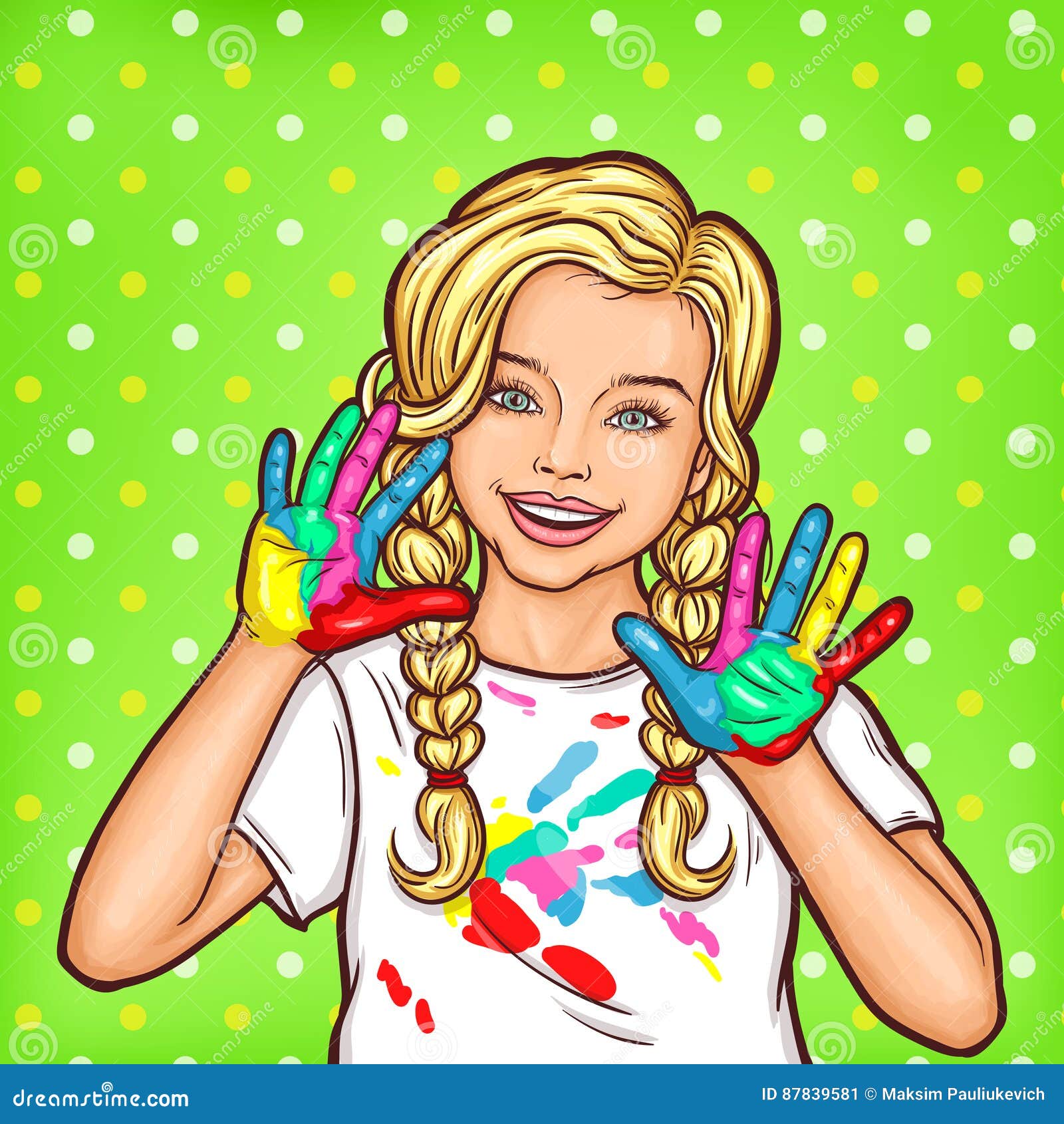 Vector Das Lachelnde Kleine Madchen Der Pop Art Welches Die Palmen Zeigt Die Mit Farbe Geschmiert Werden Vektor Abbildung Illustration Von Kleine Zeigt