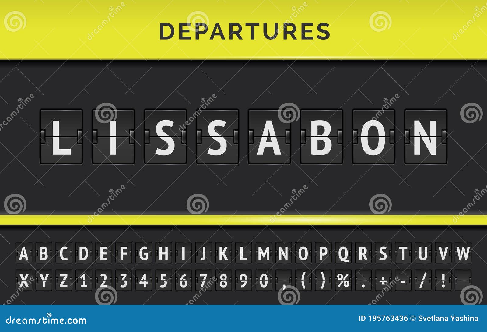  departure flip board with destination in lissabon. airport terminal panel with flight font