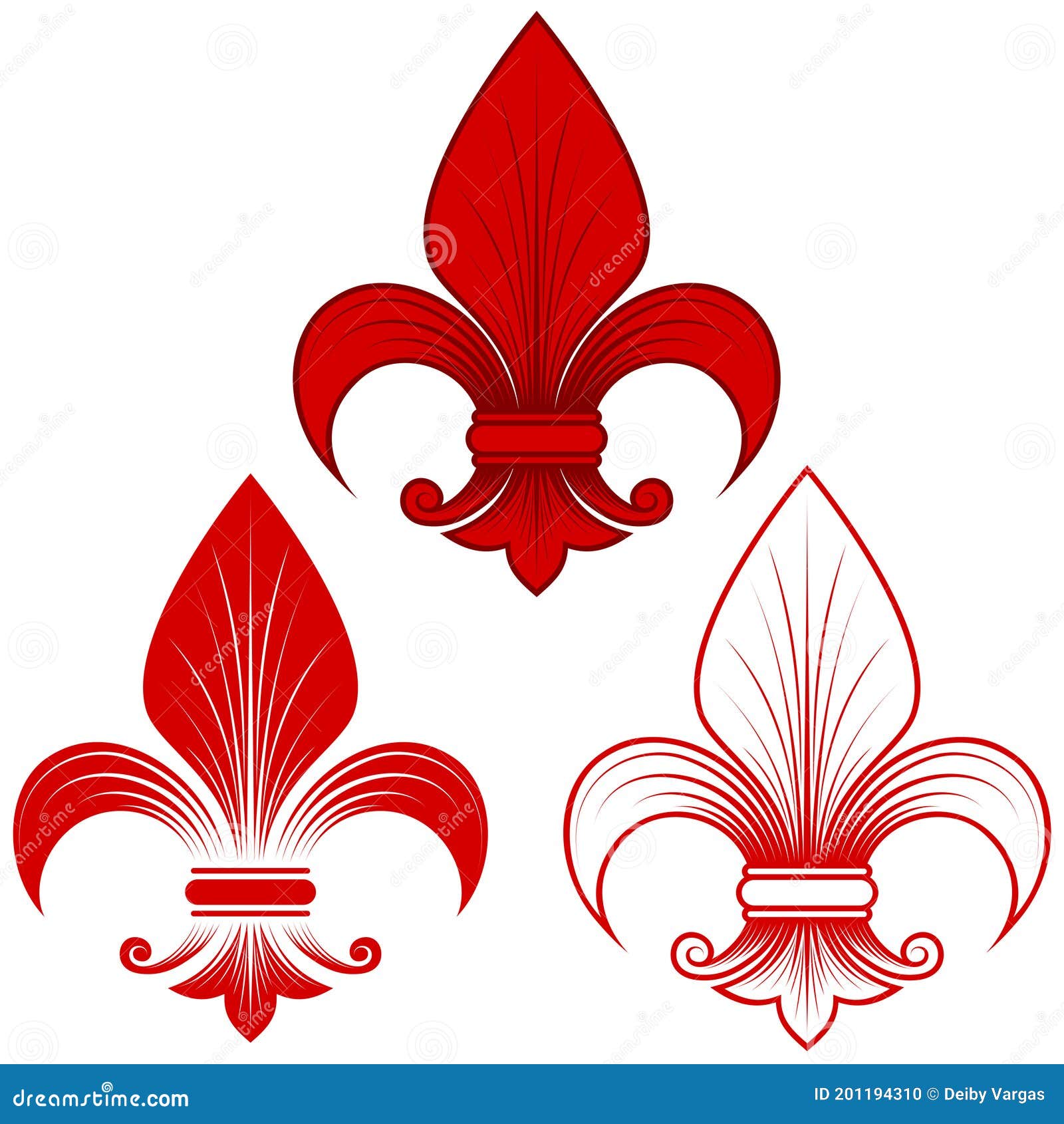   of fleur de lis in three graphic styles in red