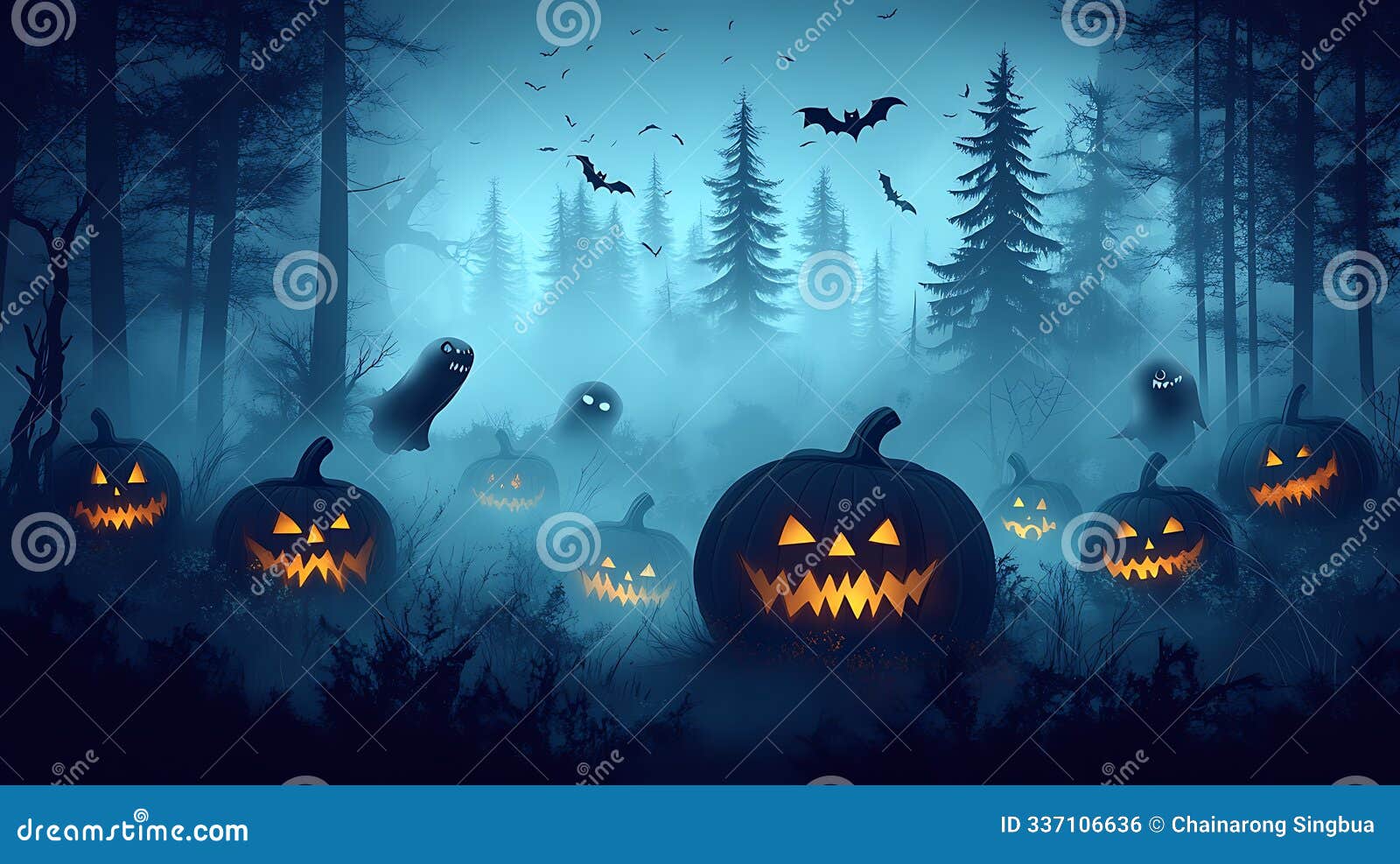   of spooky pumpkins with sharp-toothed smiles, floating ghosts.