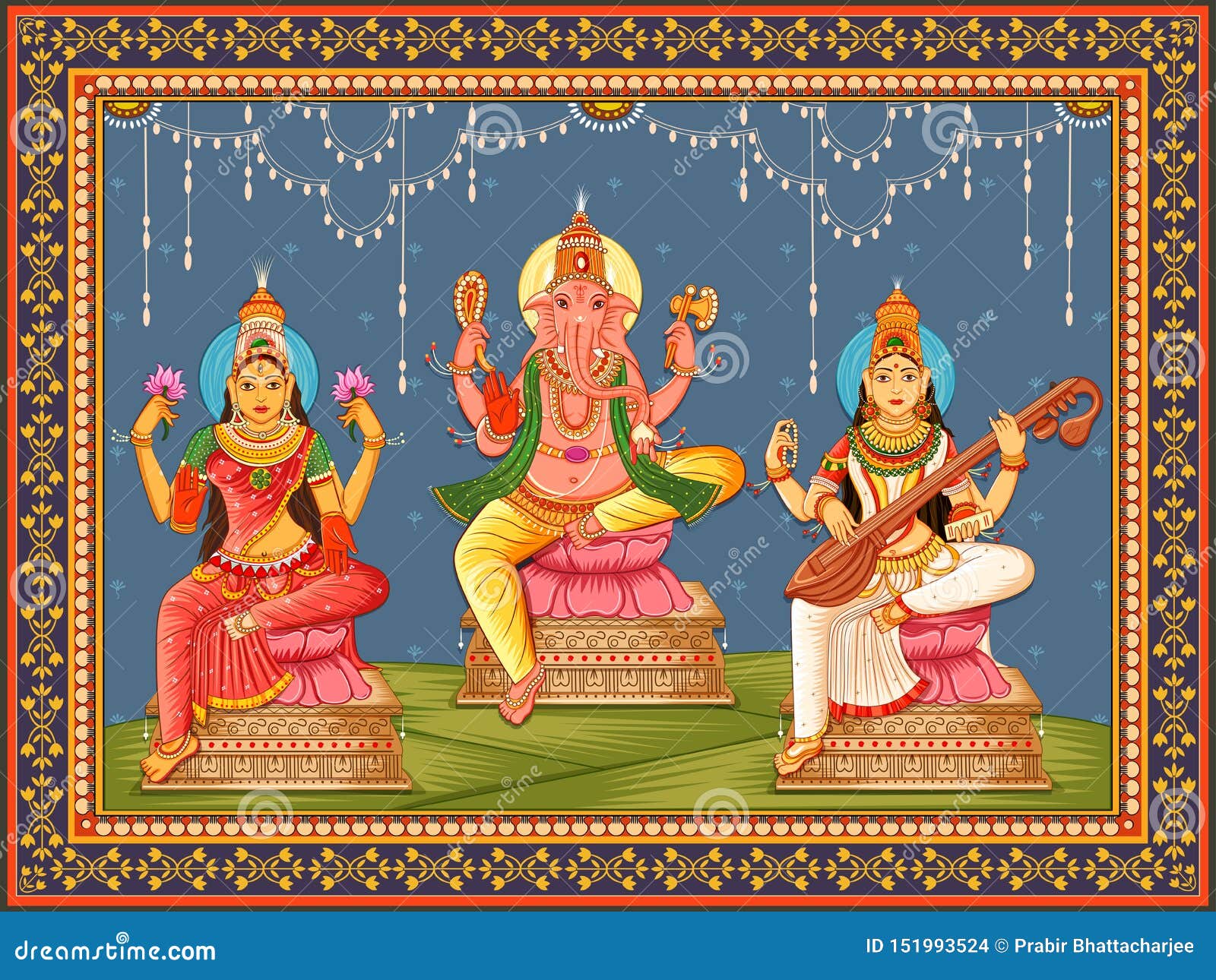 vector design statue indian god lakshmi ganesha saraswati vintage floral frame background 151993524