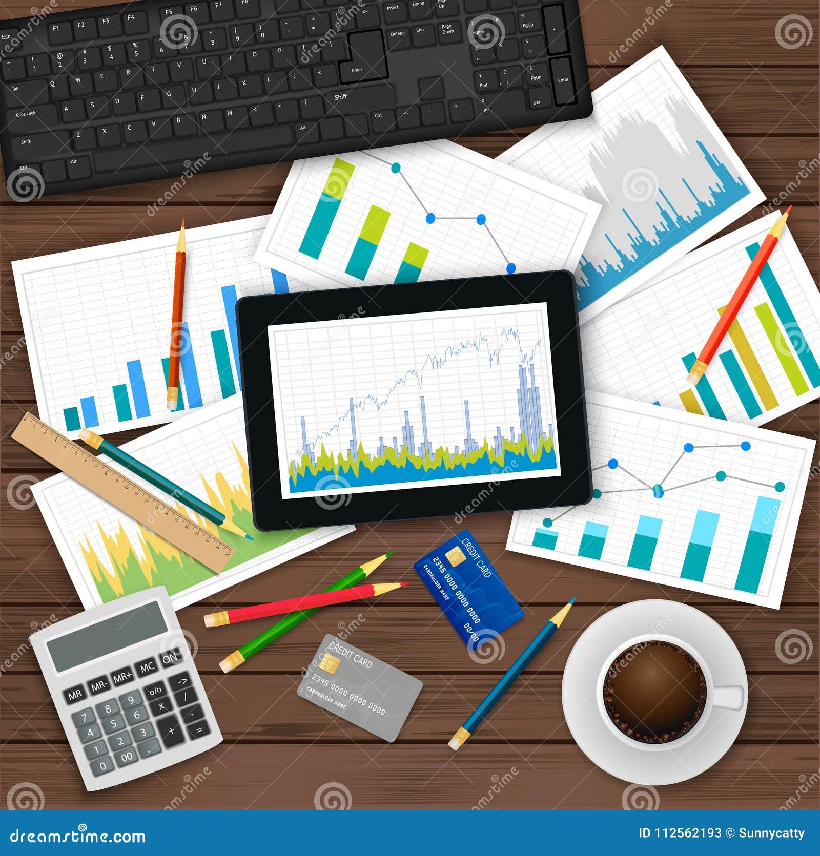 Vector Desk With Financial And Statistical Documents Keyboard