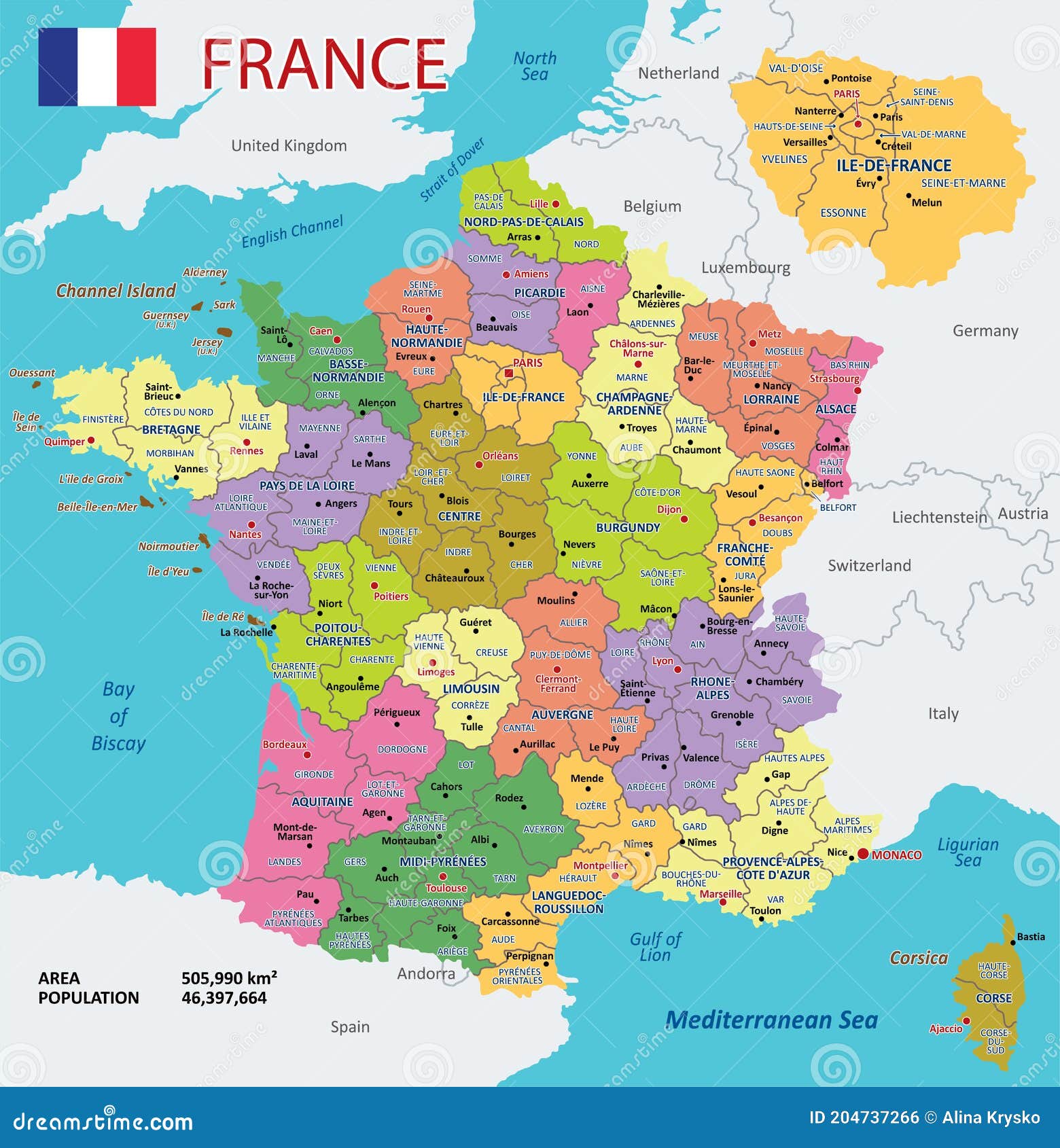 Vector Detailed Map of France. Administrative Map of France Stock ...