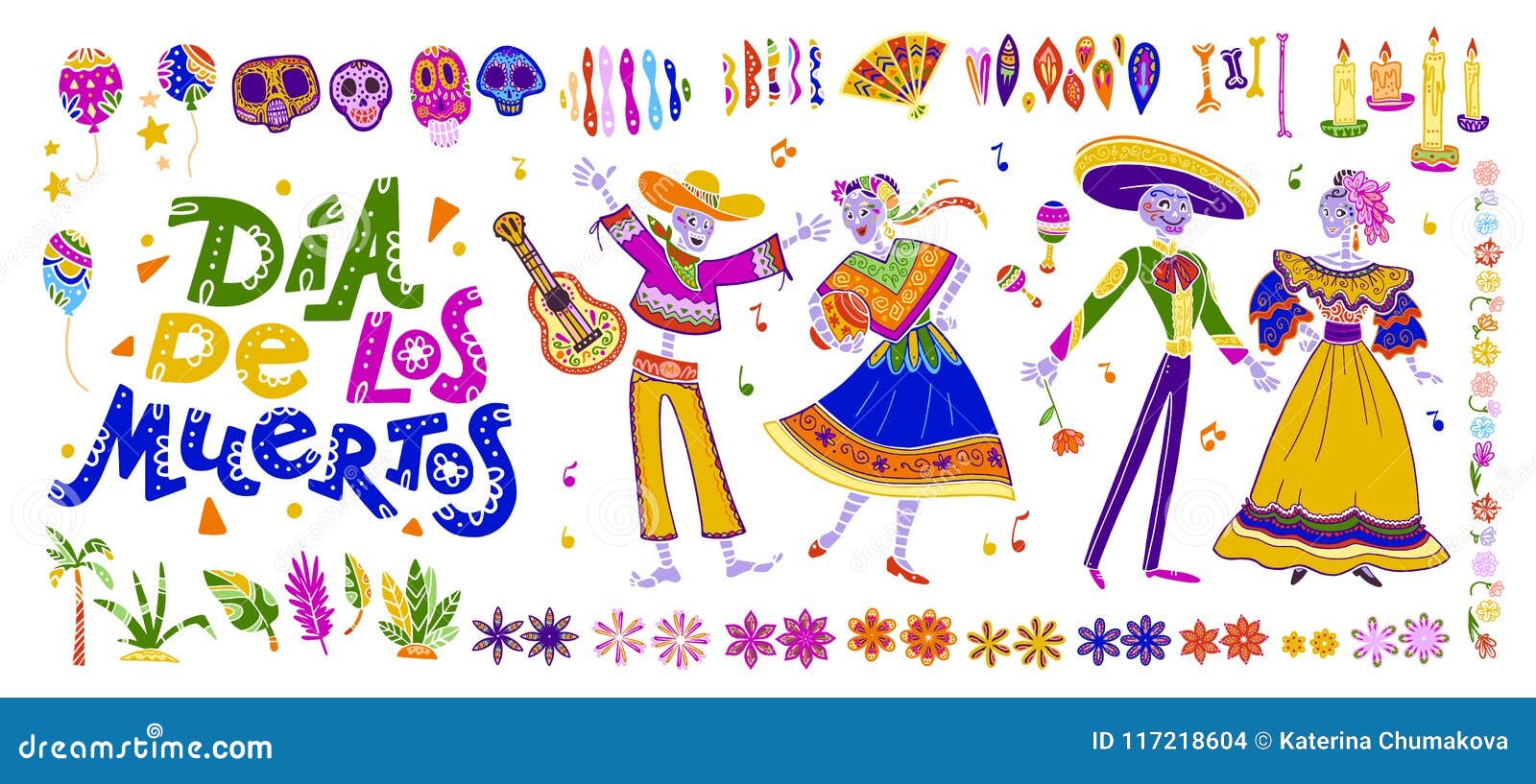Vector Dia De Los Muertos Set of Mexico Traditional Elements, Symbols &  Skeleton Characters in Hand Drawn Style Isolated on White Stock Vector -  Illustration of bone, flower: 117218604
