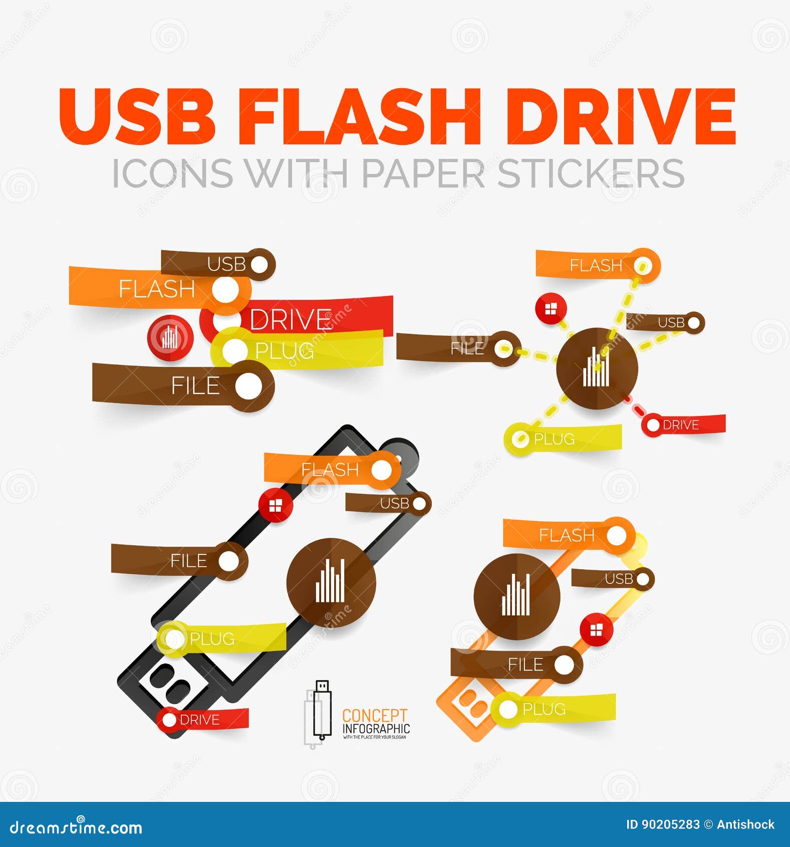 Vector Diagram Elements Set of USB Flash Drive Icons with Plastic Paper