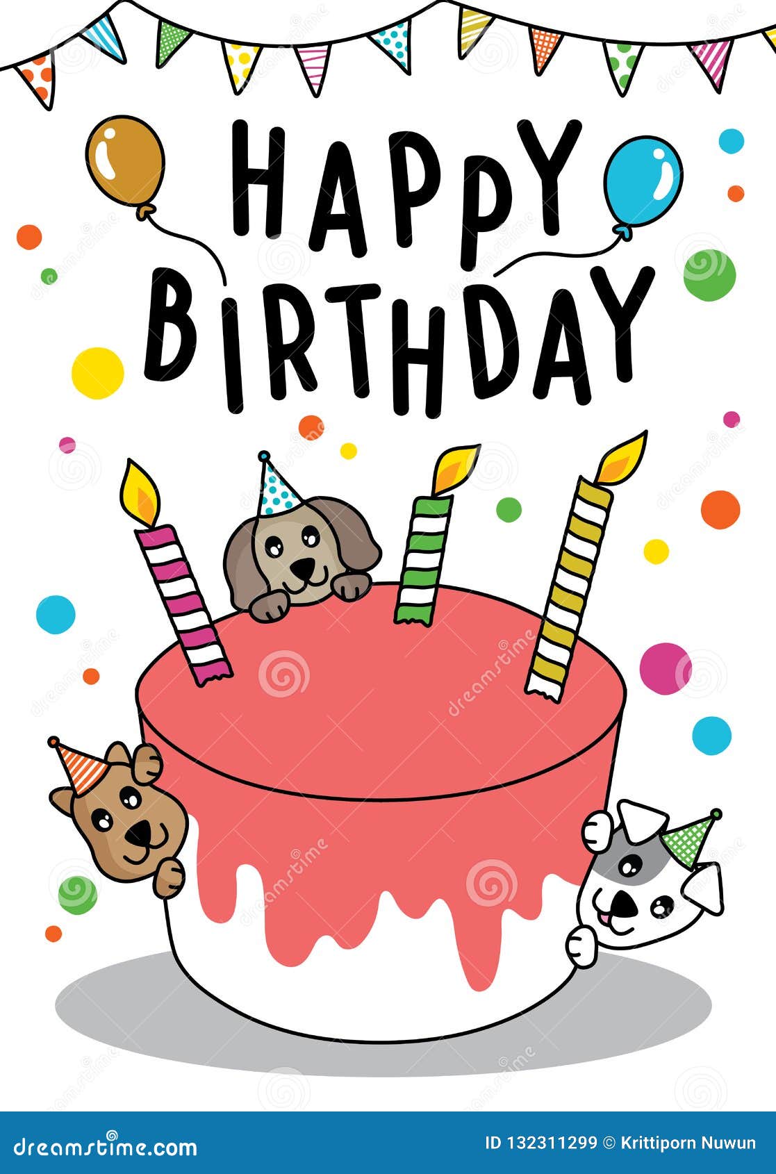 Vector Doodle Cute Cat and Dog with Cake for Happy Birthday Card ...