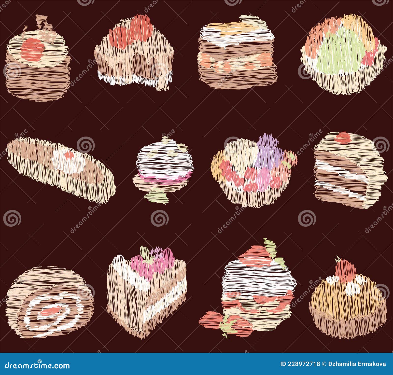 Vector Doodle Drawings of Set Various Sweet Brownies Stock Vector