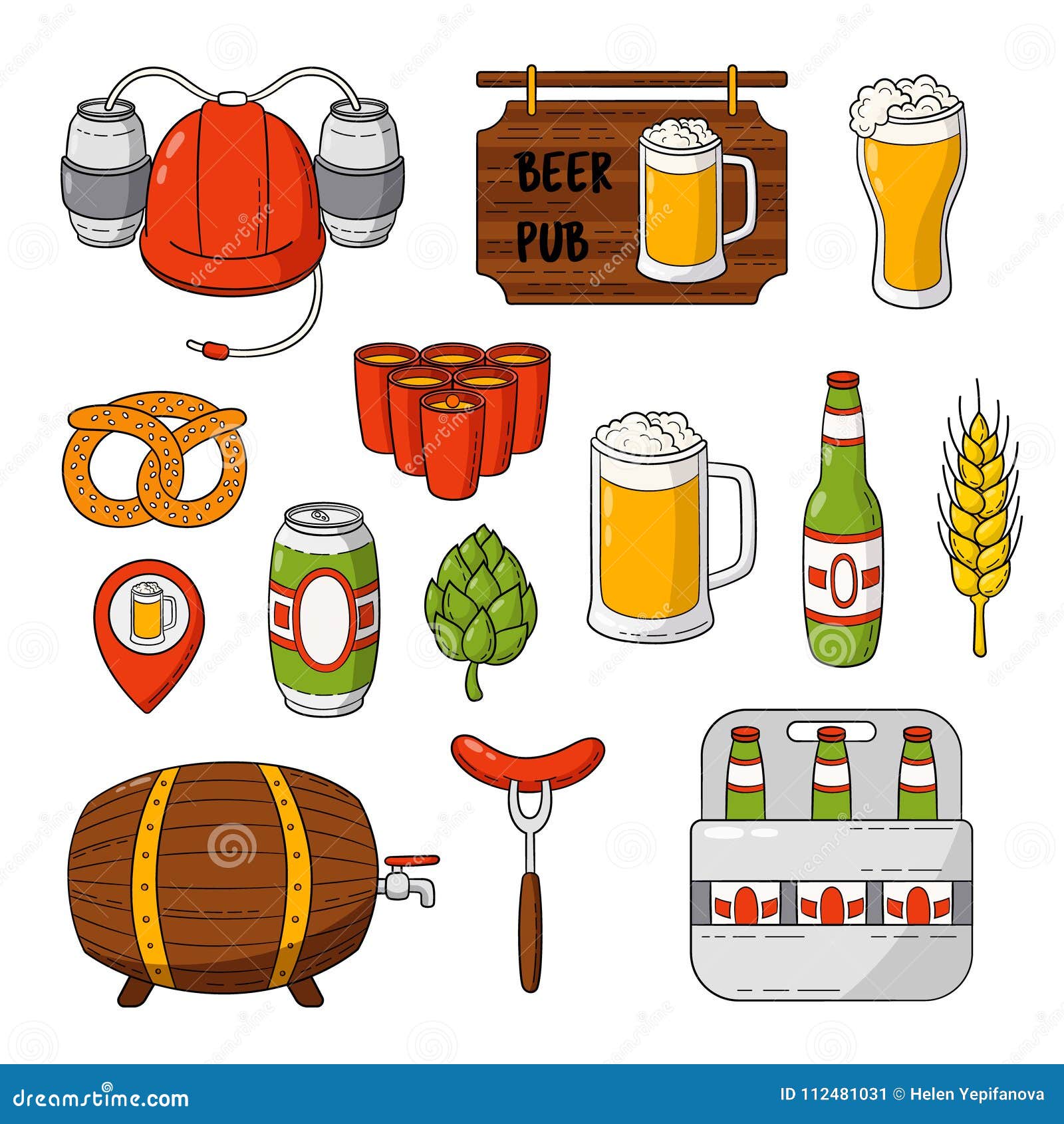 Vector Doodle Icons Set Of Beer Symbols Beer Helmet Mug Glass Sausage Barrel Beer Pong Stock Vector Illustration Of Barrel Beverage