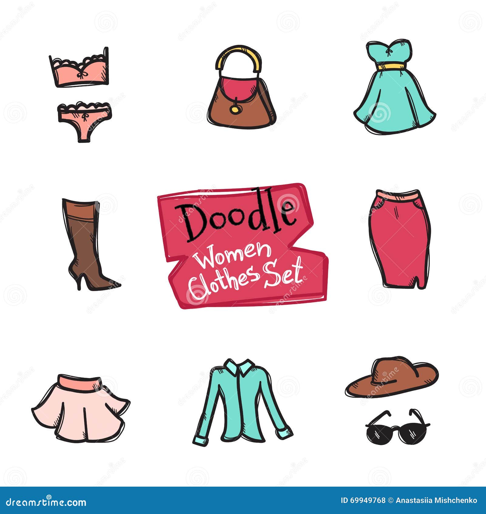 Vector Doodle Style Women Clothes Icons Set. Hand Drawn Collection