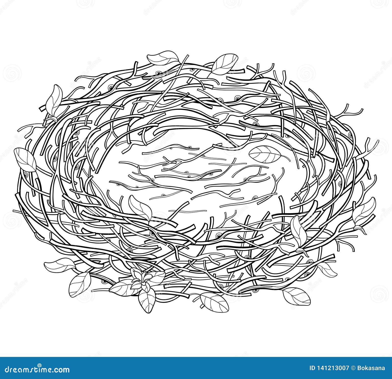 Vector Drawing of Outline Empty Bird Nest from Branch in Black