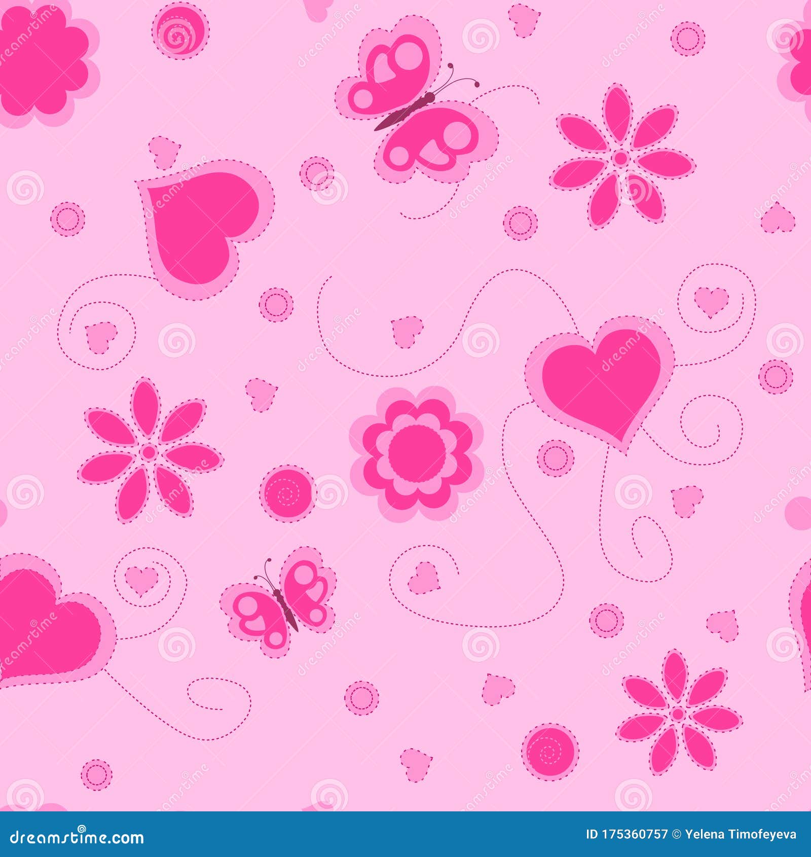 Vector Flat Love Seamless Pattern With Hearts And Flowers. Cute