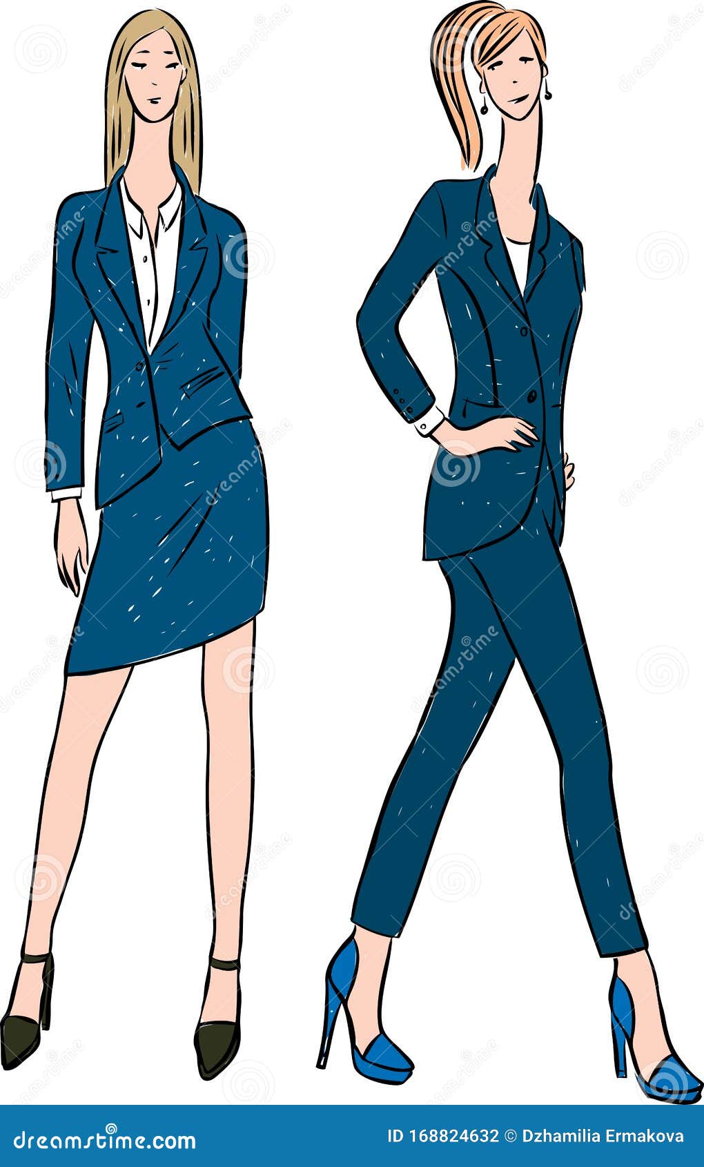 Vector Drawing of Young Fashionable Women in Classic Suits Stock Vector