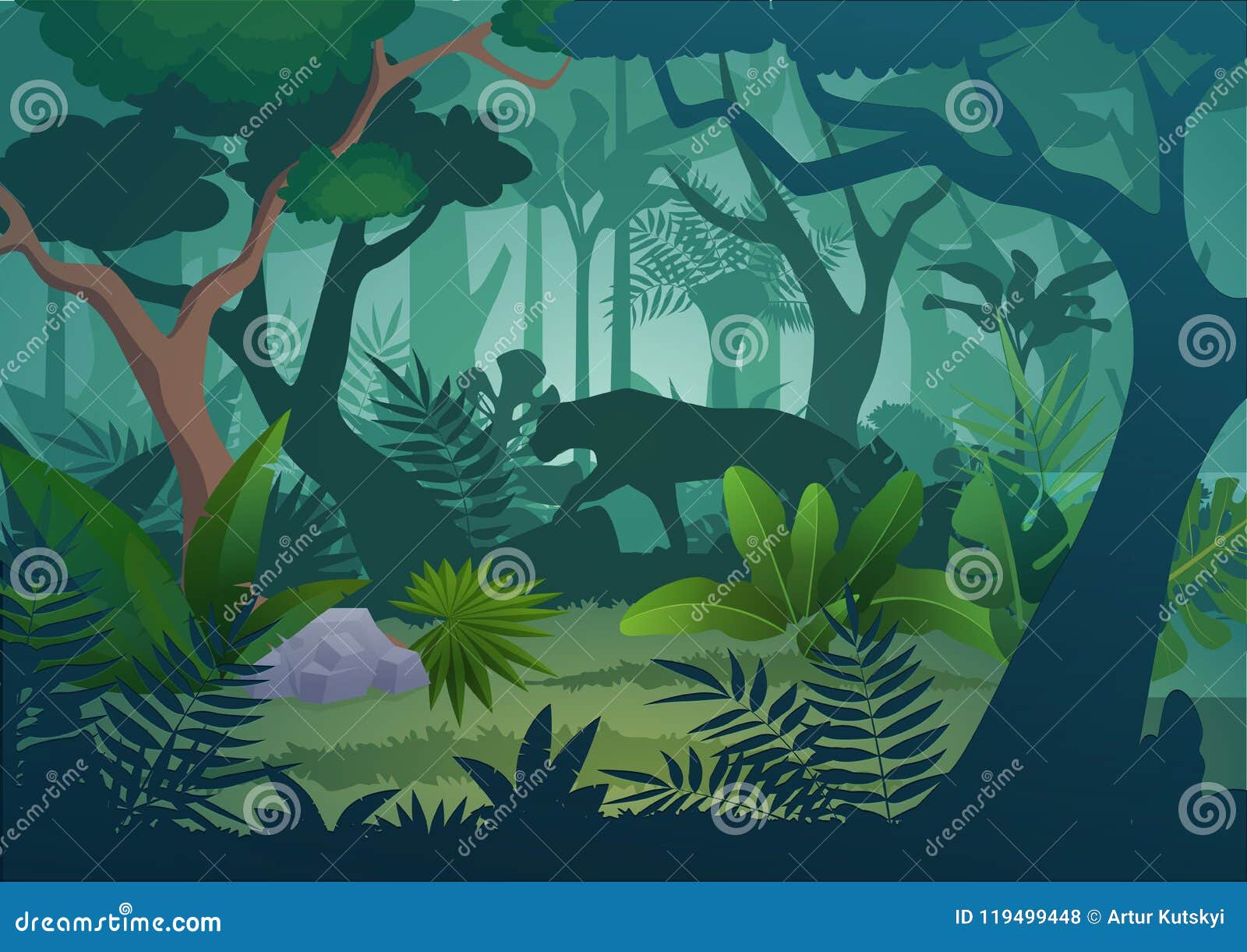 Vector Dschungel Regenwaldhintergrund Der Karikatur Tropischen Mit Gehendem Jaguartiger Vektor Abbildung Illustration Von Jaguartiger Tropischen
