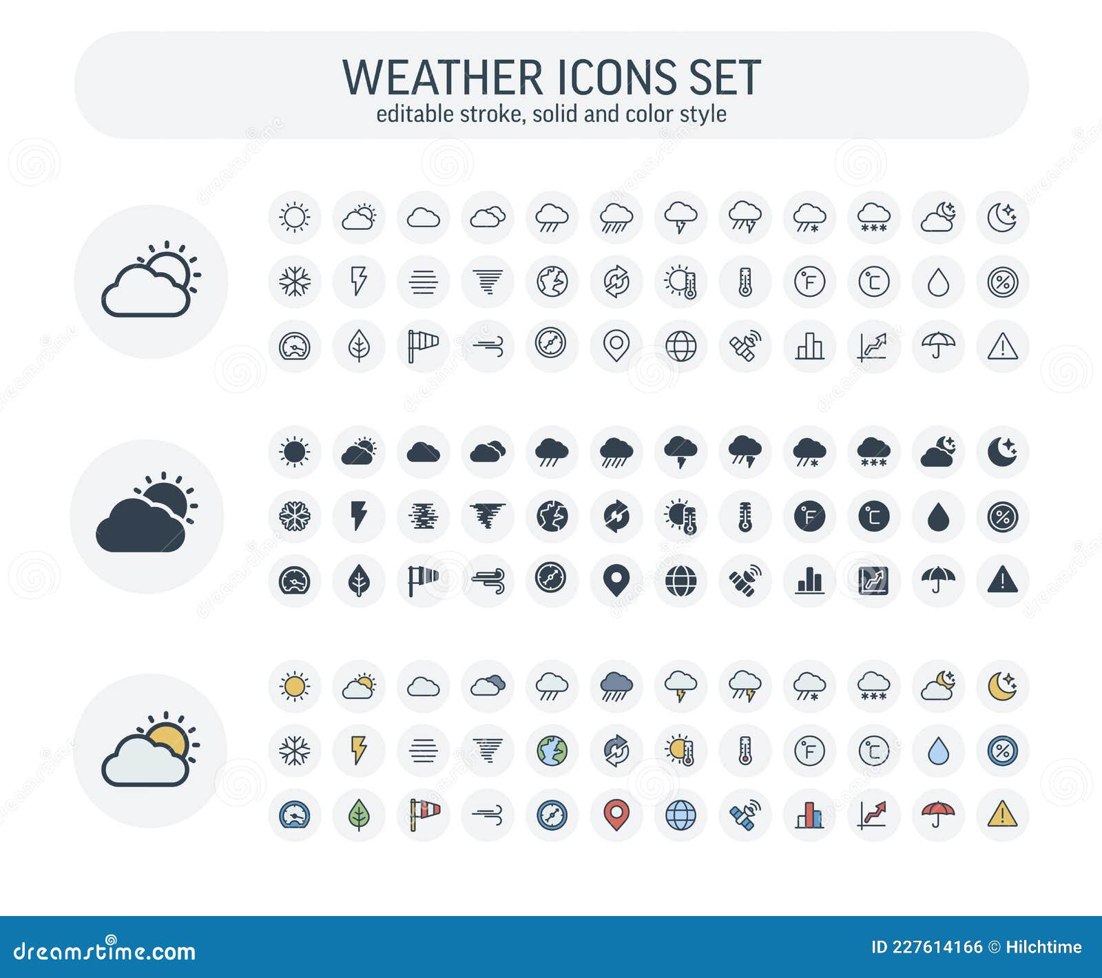  editable stroke, solid, color style icons set with weather and meteo outline s.