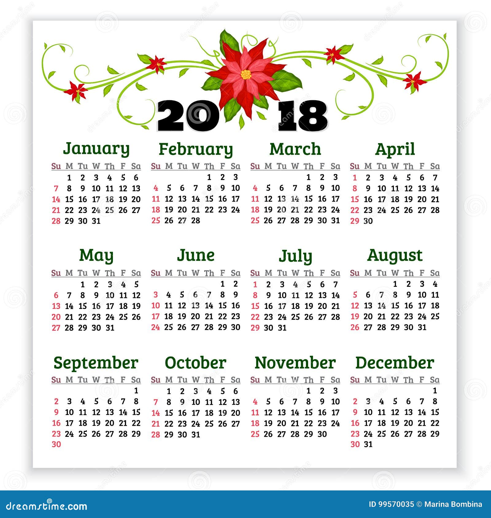 Vector El Calendario 2018 Años Con Las Flores De La Poinsetia Comienzo De La Semana Ilustración 