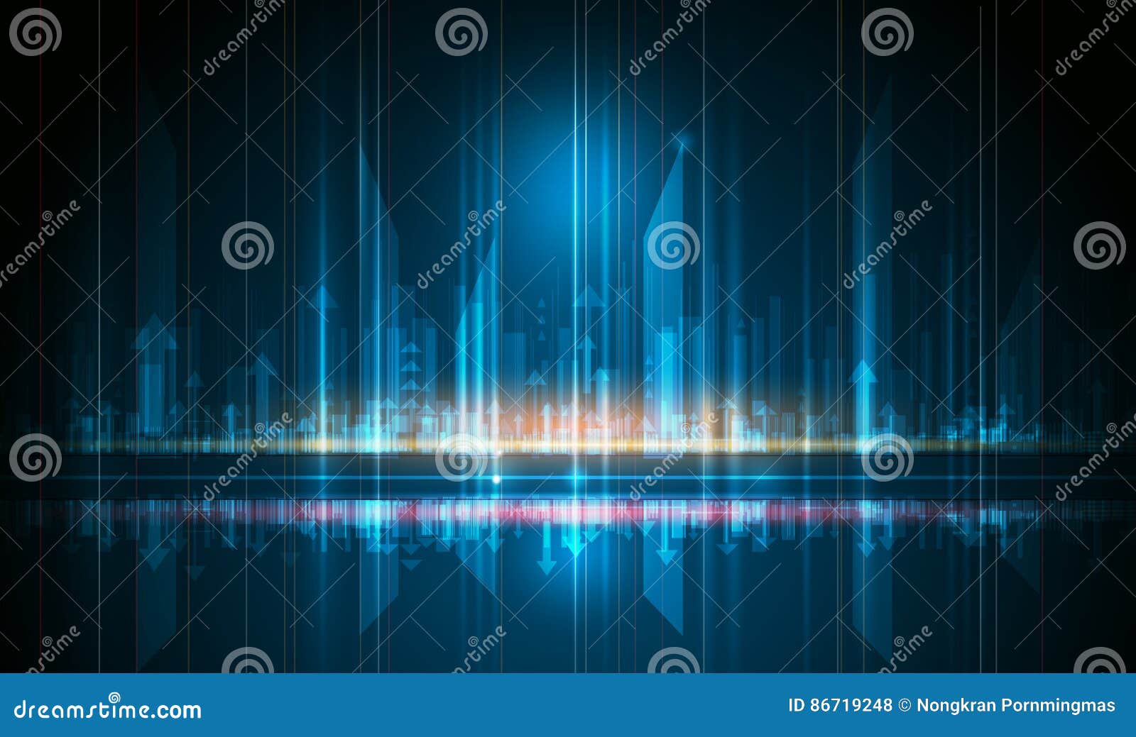 Vector el extracto, la ciencia, la tecnología futurista, de energía y el concepto del paisaje urbano La imagen de Digitaces de la muestra de la flecha, rayos ligeros, rayas alinea con la luz, el modelo del movimiento de la velocidad y la falta de definición de movimiento azules sobre fondo azul marino