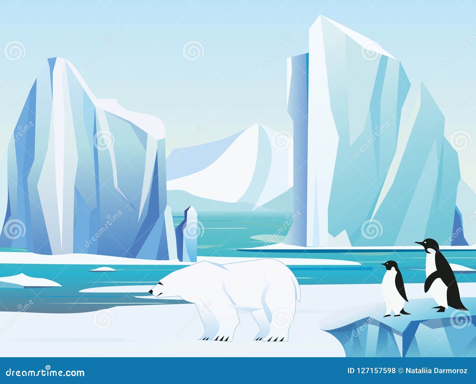 Vector El Paisaje ártico Del Ejemplo Con El Oso Y Los Pingüinos Polares,  Iceberg Y Las Montañas Fondo Del Invierno Del Clima Frío Ilustración del  Vector - Ilustración de cubo, congelado: 127157598