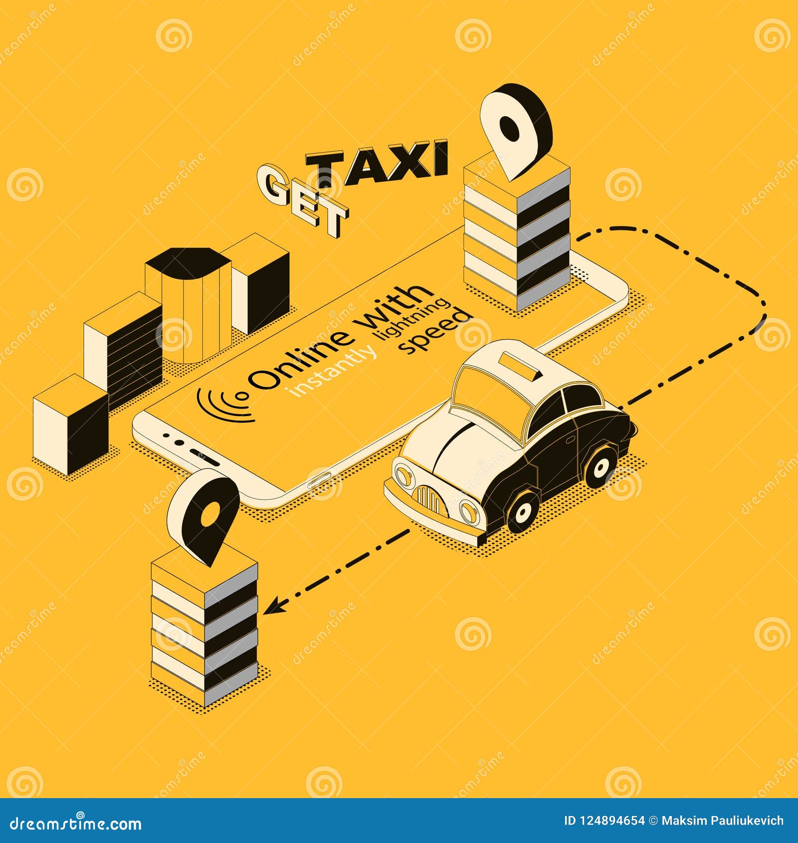 Vector El Taxi En Línea Isométrico, App Para El Smartphone.