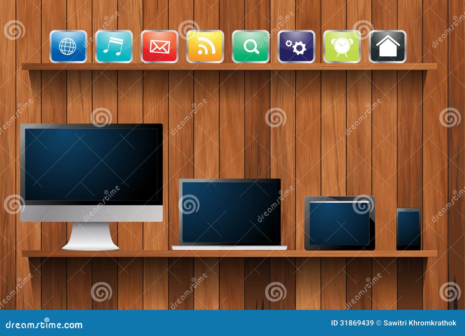 Vector Electronic Devices Computer On Wood Shelf Royalty Vector Electronic Devices Computer On Wood Shelf Royalty