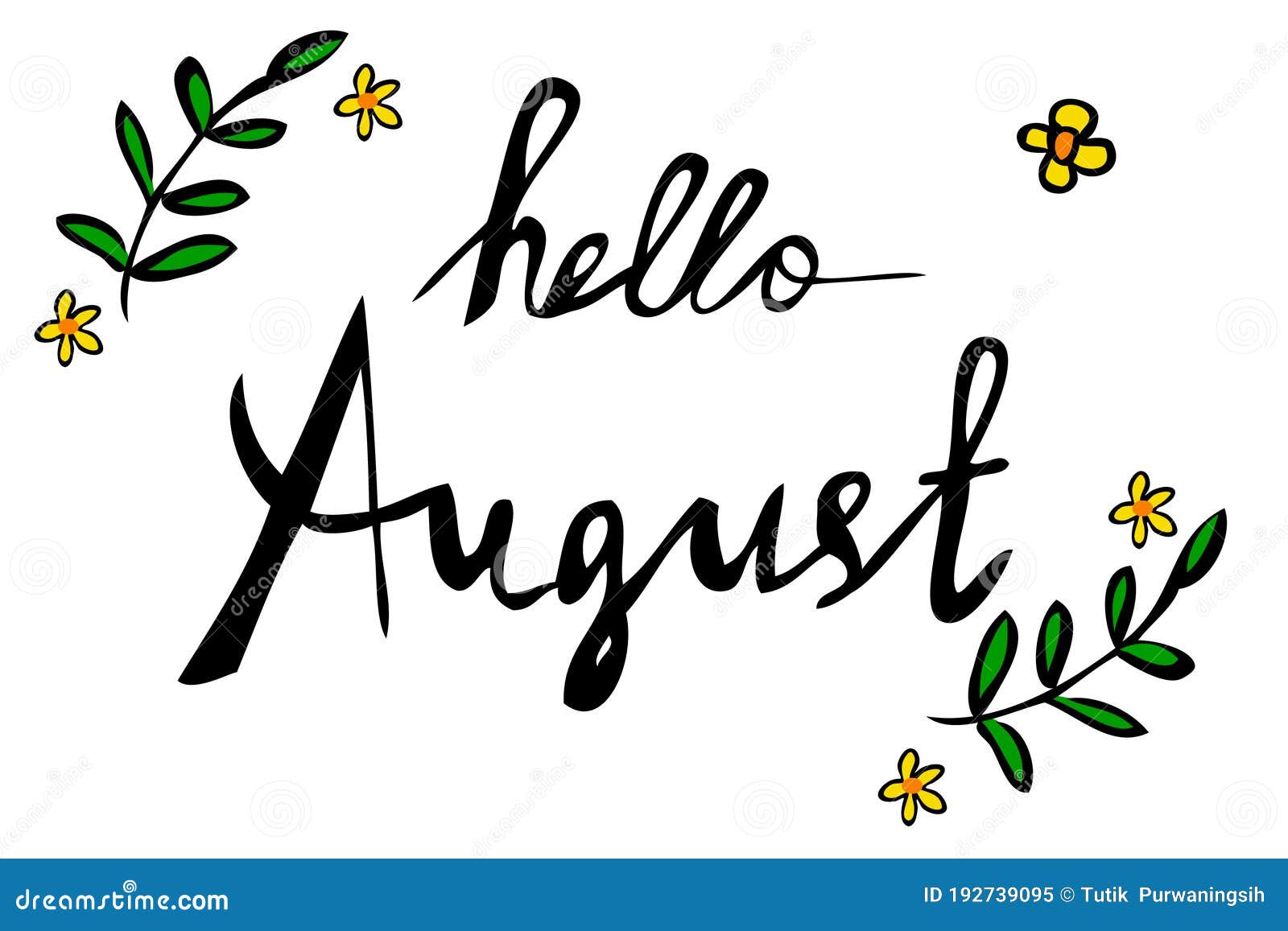 Vector Element Design Hand Draw Sketch Lettering, Hello August Stock
