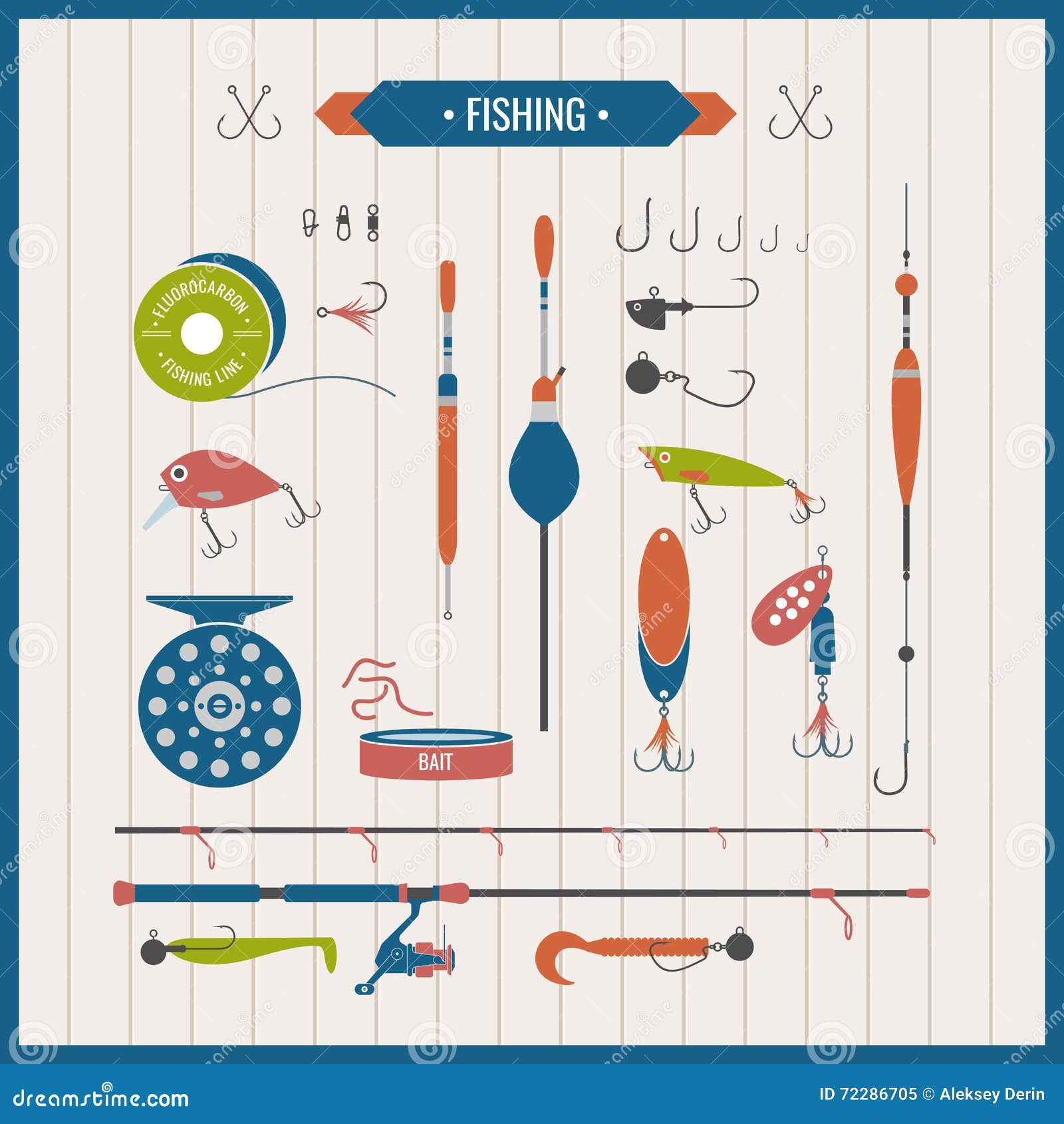 Vector Elements of Fishing Tackle in Flat Style Stock Vector