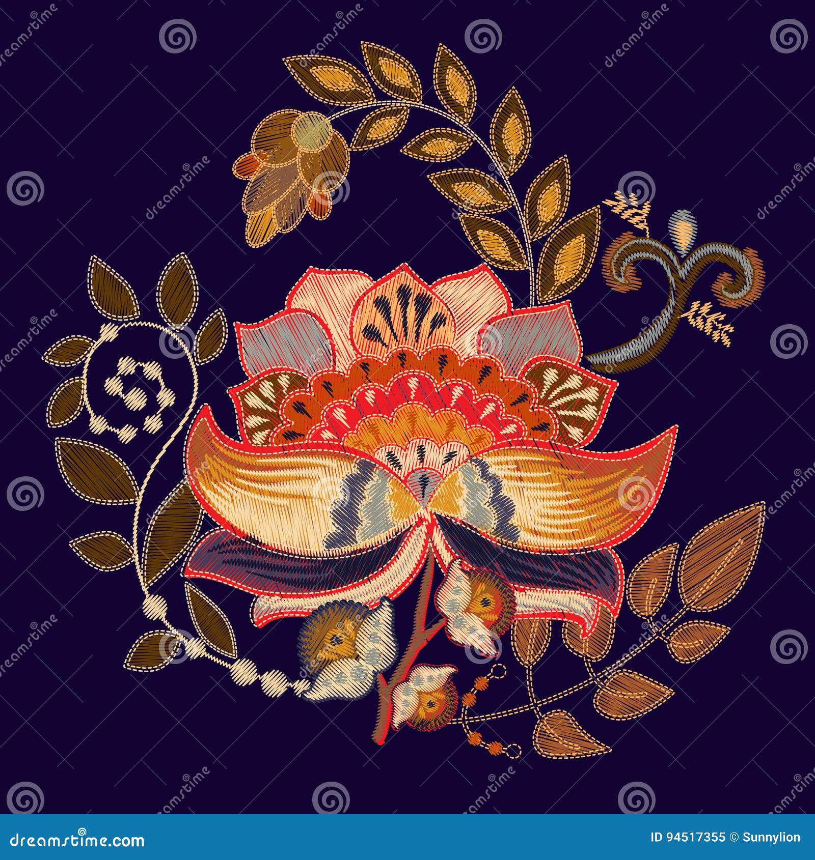 vector embroidery print with big flower floral folk template on